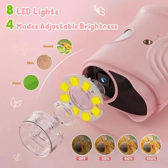 1000x Digital Children's Microscope - With 2 Inch IPS Screen & 8 LED Lights - Handy & Easy to Use for Nature Research - Pink Wholesale Hub