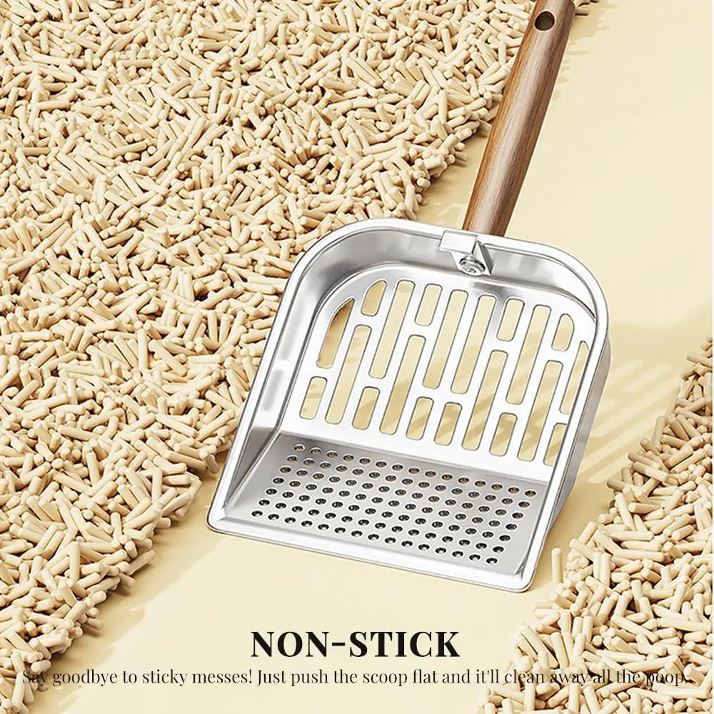 Cat Litter Scoop - Stainless Steel - Double Hole Design - Long Wooden Handle - Hanging Storage - 1 Pack Wholesale Hub