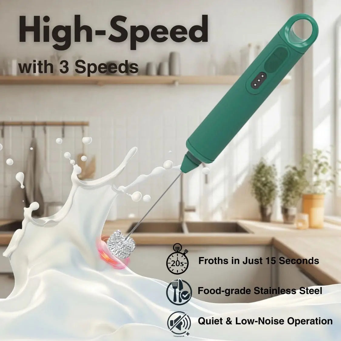 Rechargeable Milk Frother - Handheld Electric Milk Frother with 3 Speeds and 3 Interchangeable Beaters - For Coffee, Latte, Cappuccino, Eggs, Hot Chocolate - USB, Portable, Green Wholesale Hub