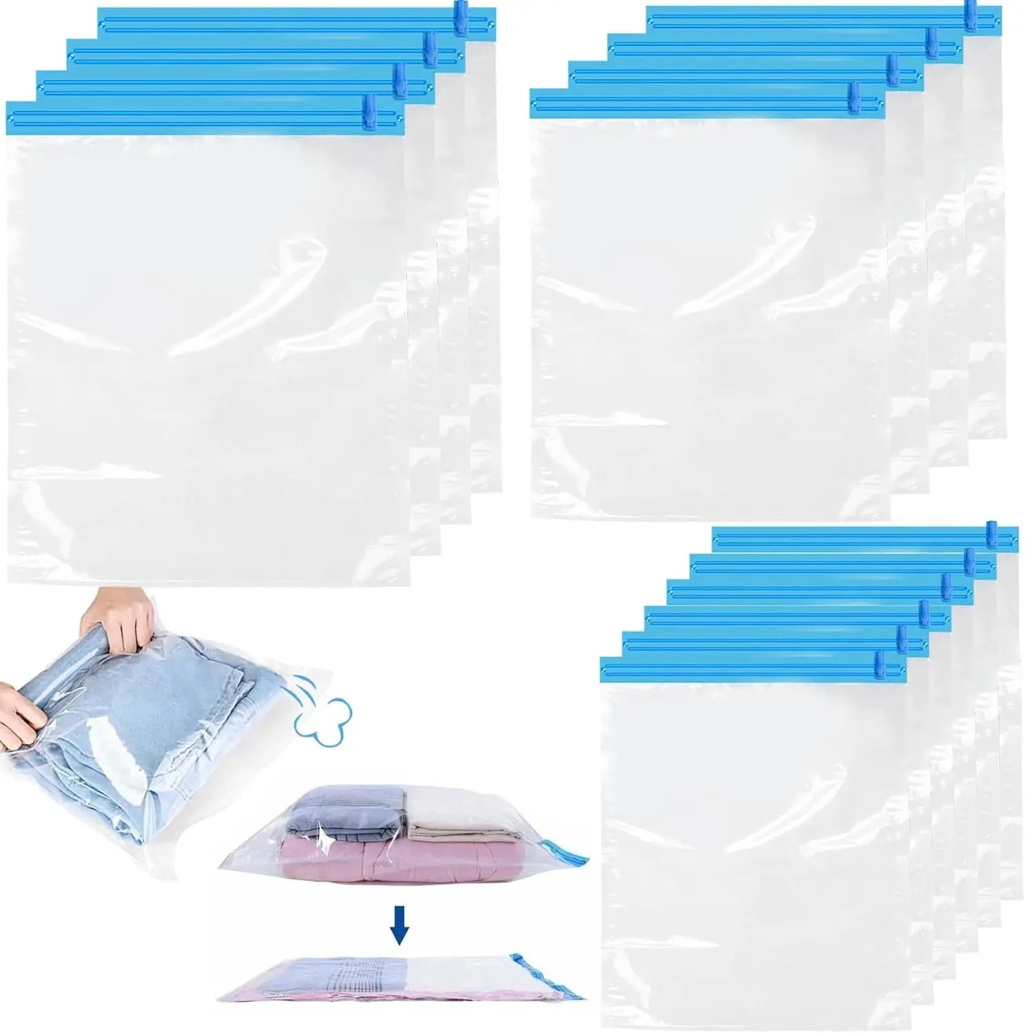 Roll Up Vacuum Bags for Travel - Pack of 14 - Clothing Compression Bags - No Pump Needed - 3 Sizes (35x50/40x50/40x60 cm) Wholesale Hub