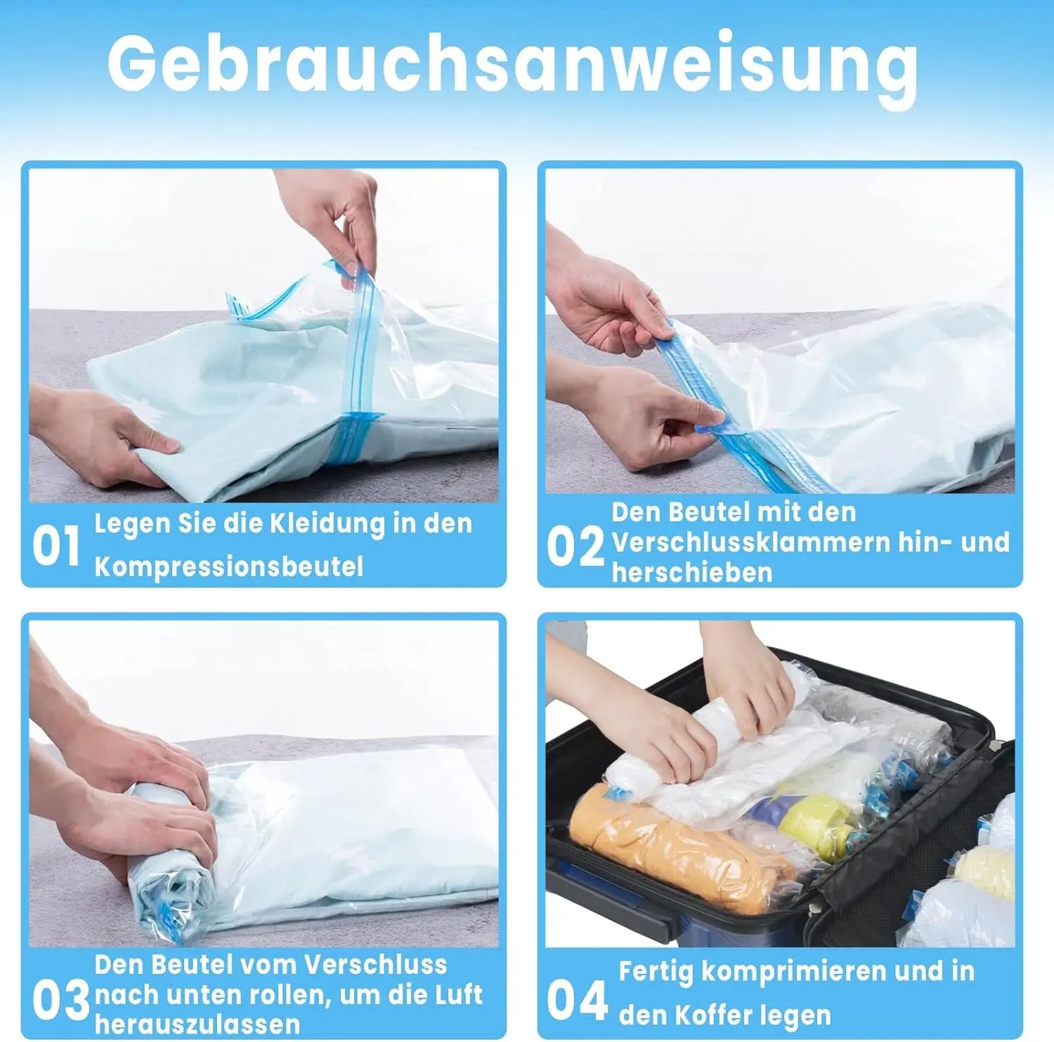 Roll Up Vacuum Bags for Travel - Pack of 14 - Clothing Compression Bags - No Pump Needed - 3 Sizes (35x50/40x50/40x60 cm) Wholesale Hub