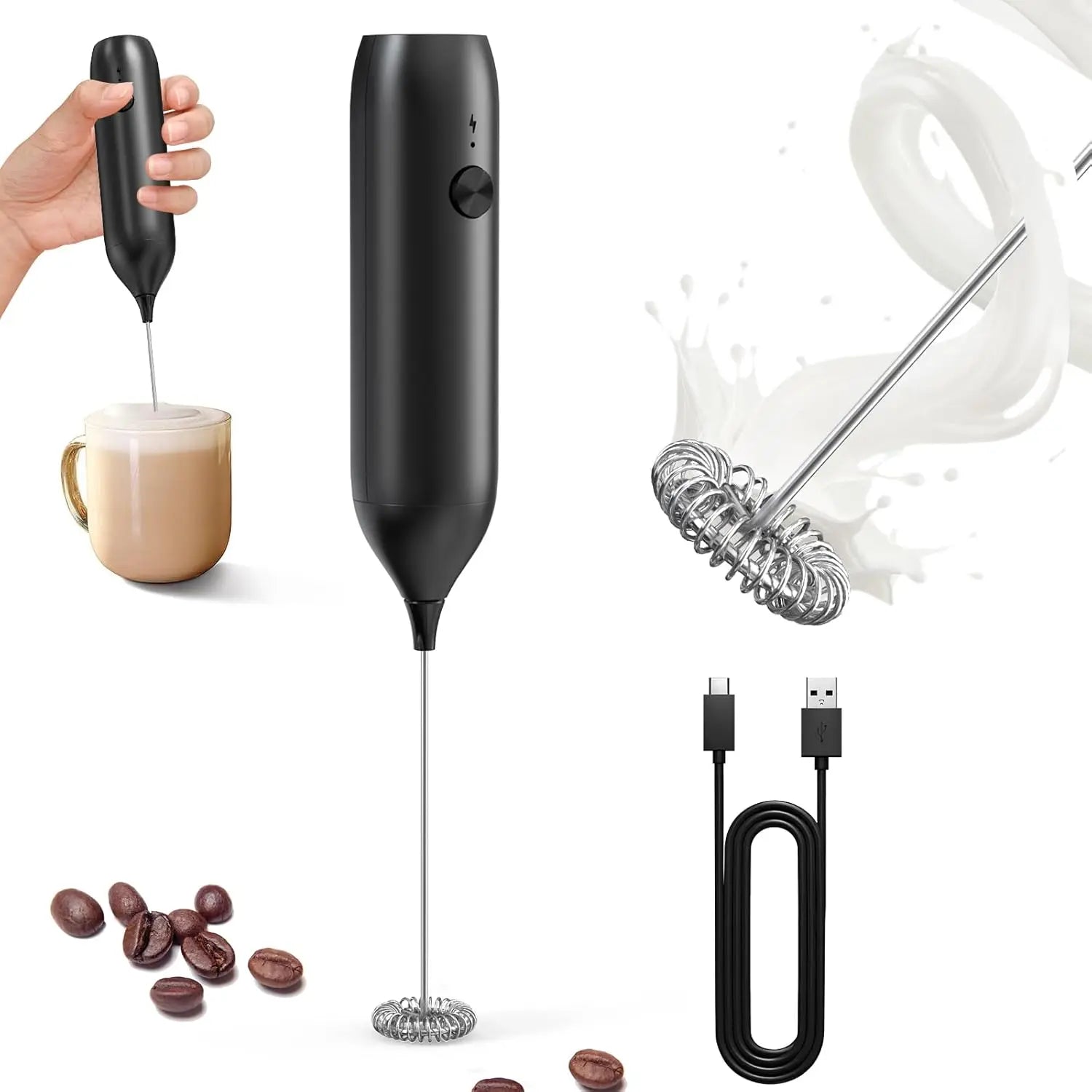 Milk Frother - Electric Hand Milk Frother - Rechargeable Mini Beverage Blender - Hand Milk Frother - With Stainless Steel Blender - Suitable for Milk, Coffee, Latte, Matcha, Black Wholesale Hub