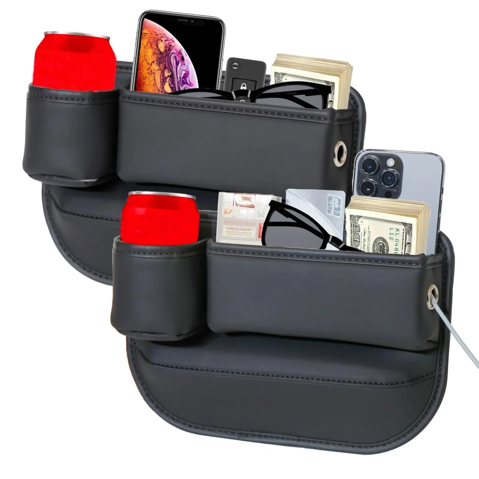 DEIKAL 2 Pack Car Leather Cup Holder Gap Bag - Car Seat Gap Filler & Organizer, Adjustable Seat Gap Storage Box for Phones, Glasses, Keys, Cards Wholesale Hub