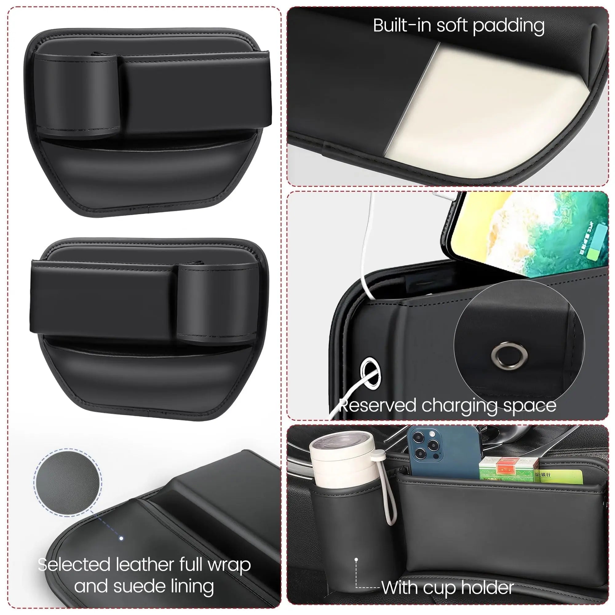 DEIKAL 2 Pack Car Leather Cup Holder Gap Bag - Car Seat Gap Filler & Organizer, Adjustable Seat Gap Storage Box for Phones, Glasses, Keys, Cards Wholesale Hub