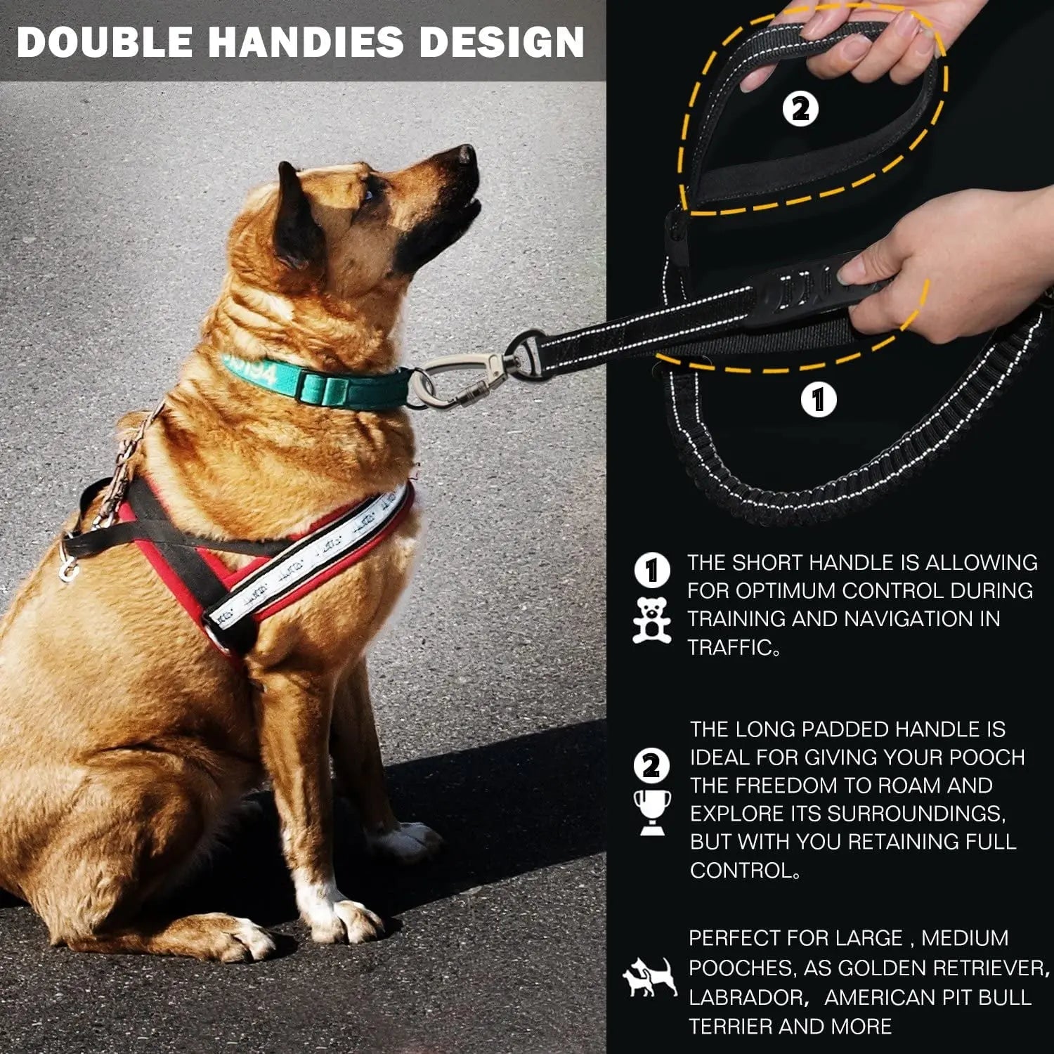 Keyohome Heavy Duty Dog Leash Especially Large Dogs Up to 150lbs, 4-6 Ft Reflective Dog Walking Training Shock Absorbing Bungee L Black Wholesale Hub