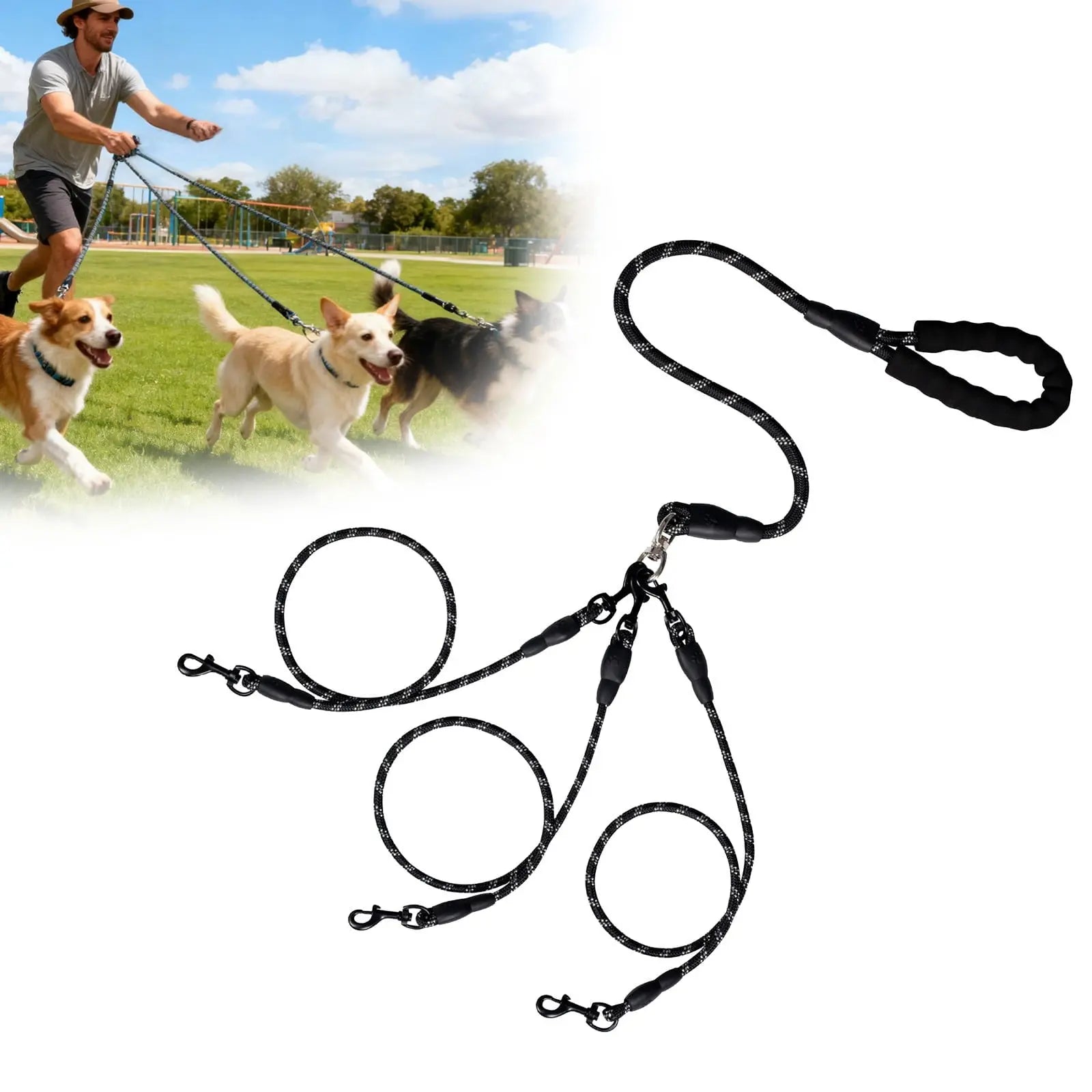 LGCASL 3 Dog Leash No Tangle, Heavy Duty Multiple Dog Lead Shock Absorbing Bungee, Triple Bungee Leash, Reflective Dog Leash Free Multi Pet Walking Rope with Detachable Black Wholesale Hub