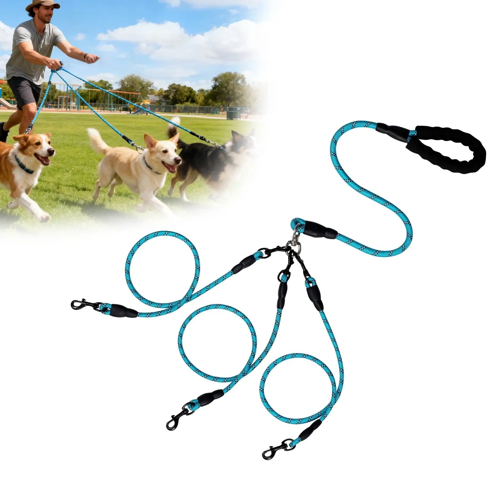 LGCASL 3 Dog Leash No Tangle, Heavy Duty Multiple Dog Lead Shock Absorbing Bungee, Triple Bungee Leash, Reflective Dog Leash Free Multi Pet Walking Rope with Detachable, Black Blue Wholesale Hub
