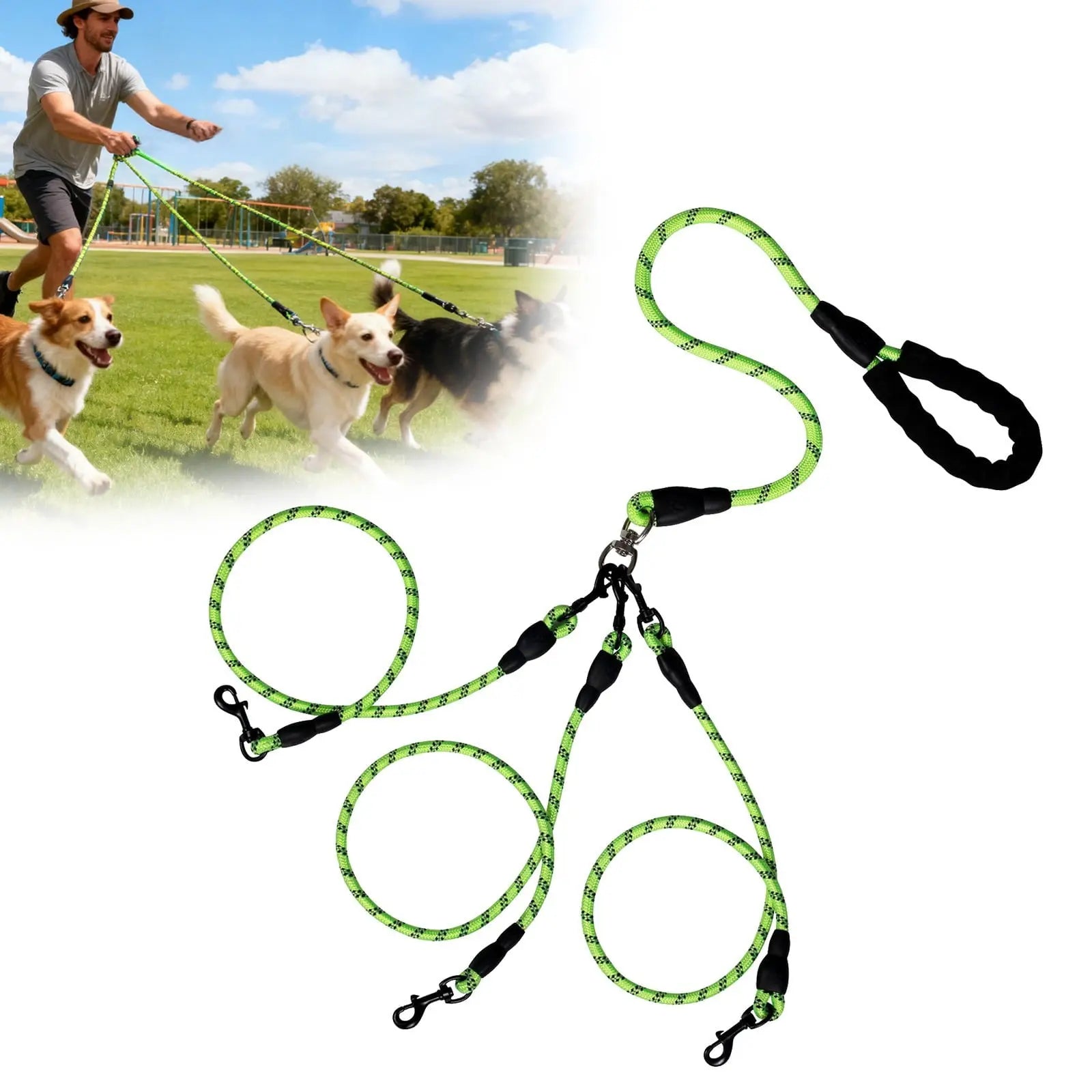 LGCASL 3 Dog Leash No Tangle, Heavy Duty Multiple Dog Lead Shock Absorbing Bungee, Triple Bungee Leash, Reflective Dog Leash Free Multi Pet Walking Rope with Detachable, Black Green Wholesale Hub