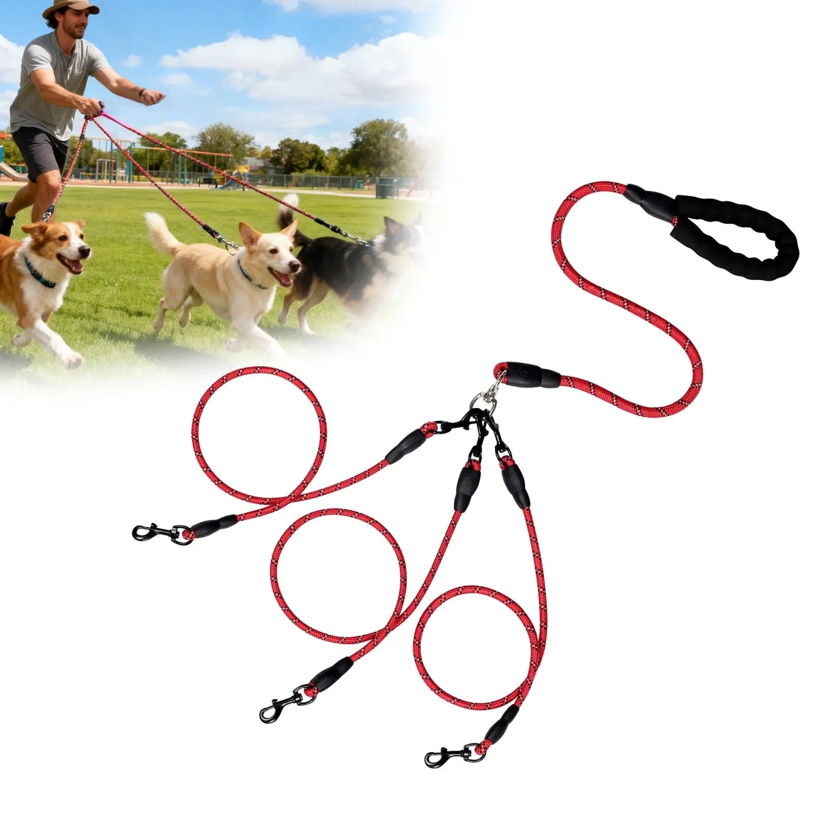 LGCASL 3 Dog Leash No Tangle, Heavy Duty Multiple Dog Lead Shock Absorbing Bungee, Triple Bungee Leash, Reflective Dog Leash Free Multi Pet Walking Rope with Detachable, Black Red Wholesale Hub