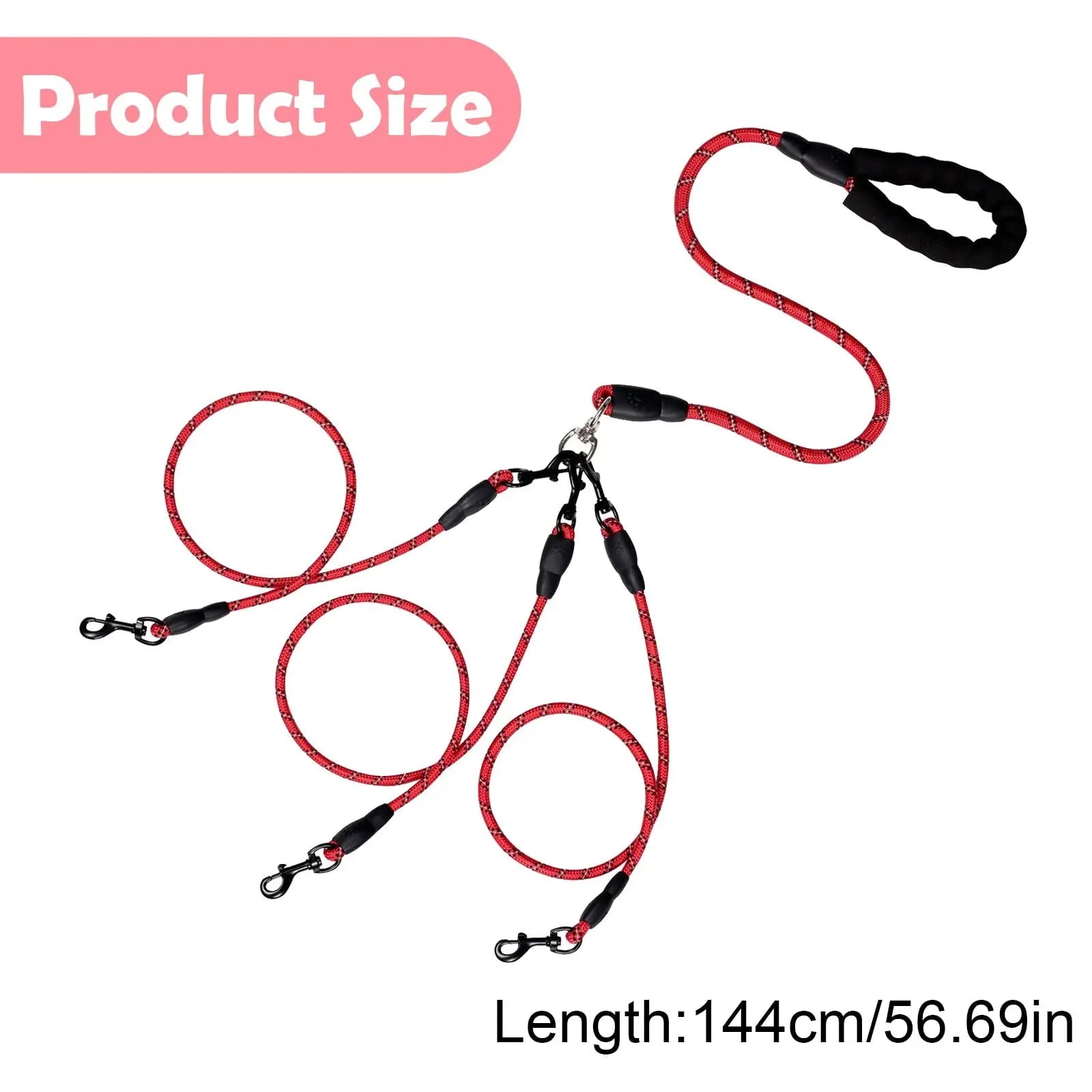 LGCASL 3 Dog Leash No Tangle, Heavy Duty Multiple Dog Lead Shock Absorbing Bungee, Triple Bungee Leash, Reflective Dog Leash Free Multi Pet Walking Rope with Detachable, Black Red Wholesale Hub