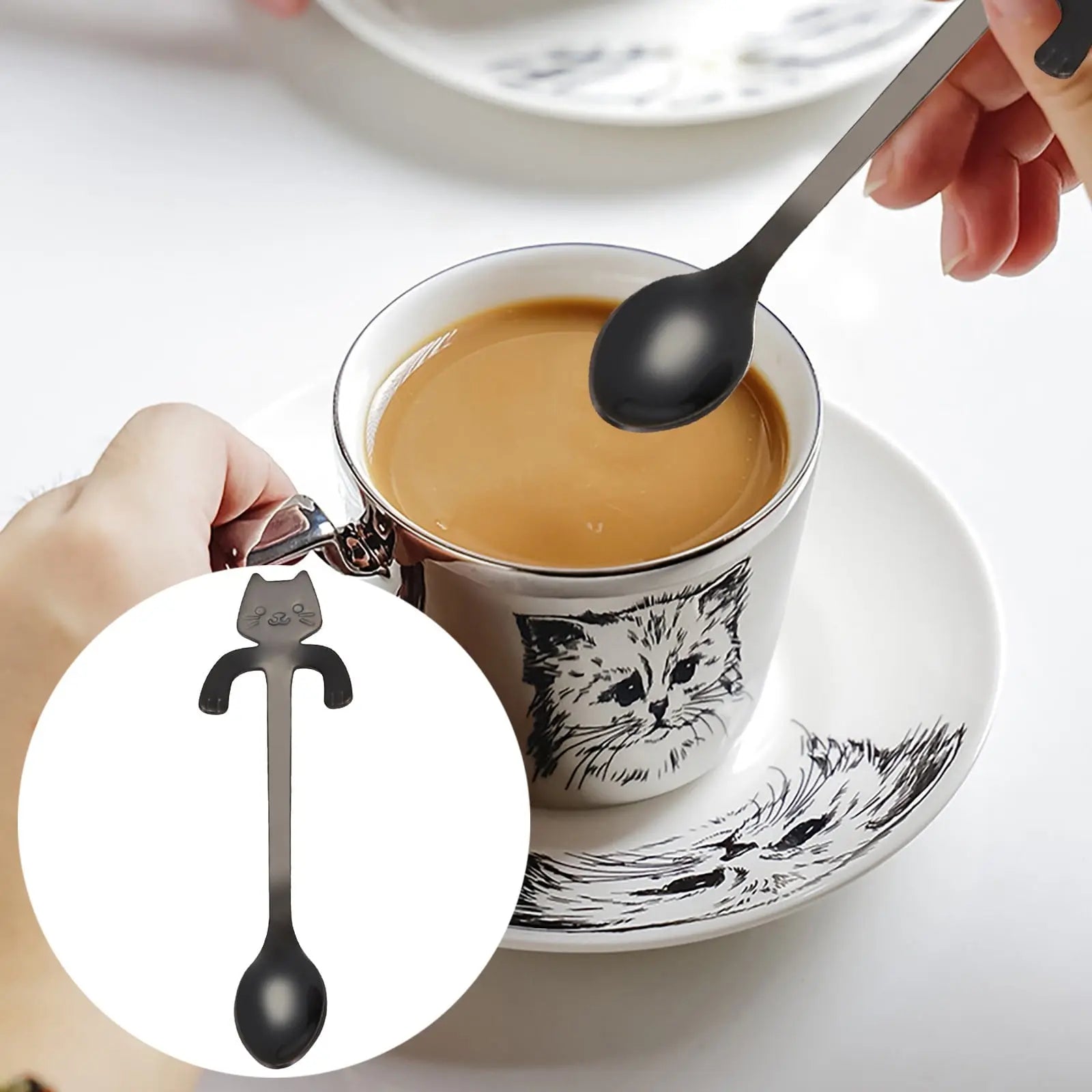 JWDX Tableware Clearance! Cat Spoon Short Handle Spoons Flatware Coffee Drinking Tools Kitchen Gadge, Stainless Steel Bowl Promotion Include 1X Spoon E Wholesale Hub