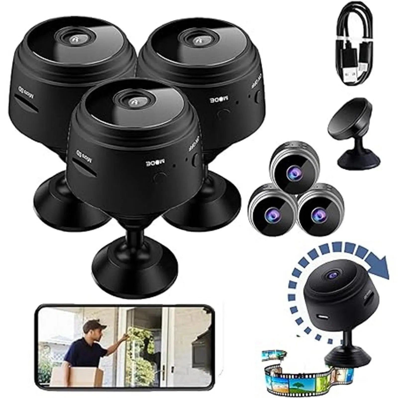 Magnetic Mini Security Camera - 3 Pack 1080P WiFi Wireless Security Camera - Motion Detection, Night Vision, Loop Recording, USB Rechargeable, Indoor & Outdoor Use, Home/Office Surveillance Wholesale Hub