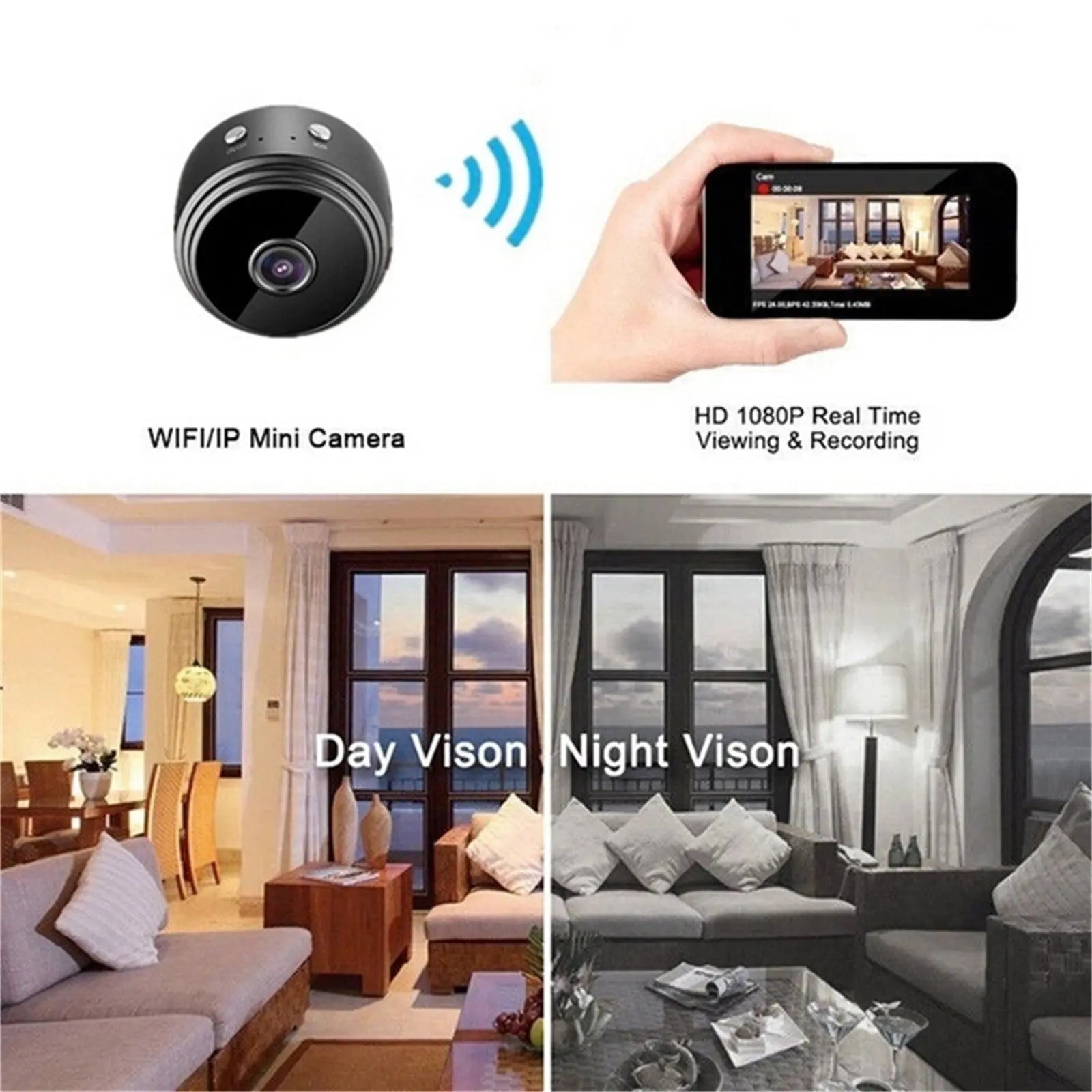 Night Vision Mini Wireless Tiny Home Camera,WiFi Security Camera with 360° Adjust Snake Tube, Smallest 1080P HD Home Indoor Outdoor Cameras Room Dog Pet Camera Black Wholesale Hub