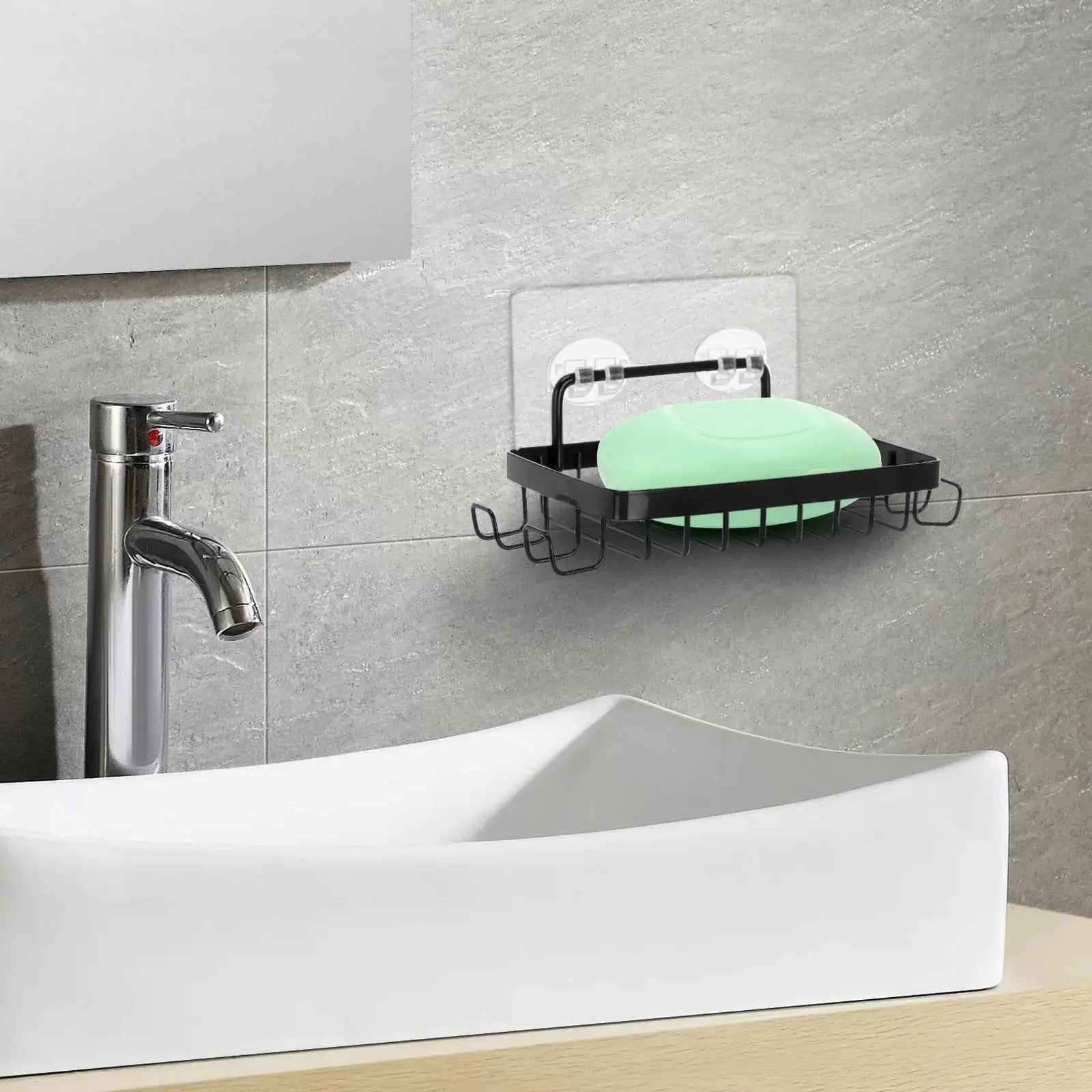 Shower Soap Holder with 4 Hooks, Stainless Steel Adhesive Soap Dish, Wall Mounted Draining Soap Holder for Shower, Bathroom, & Kitchen, Bar Soap Holder & Razor Hanger, 6.69x3.35x0.98 6.69" x 3.35" x 0.98" Black Wholesale Hub