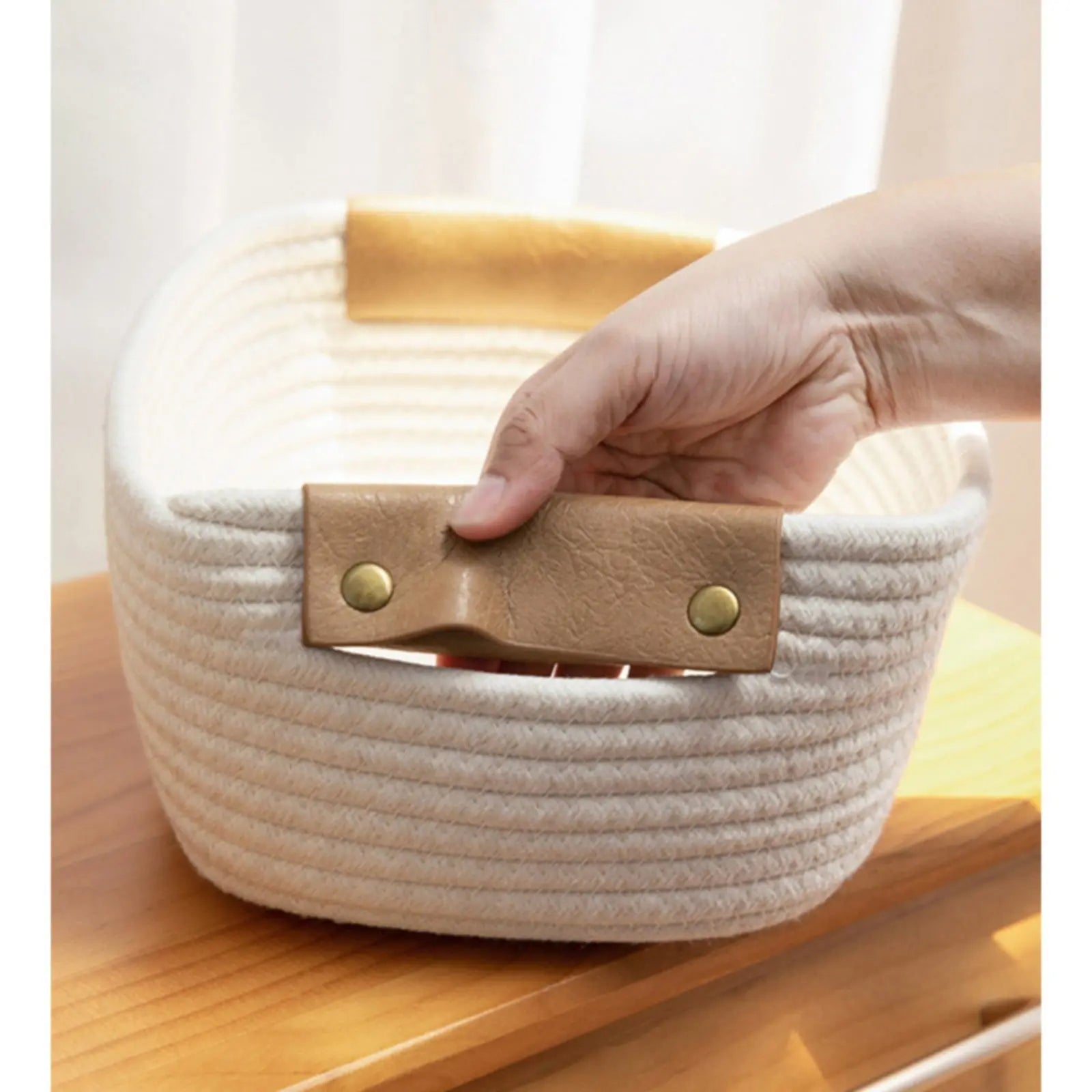 Cotton Woven Basket with PU Leather Handle, Clothes Toys Candy Gifts Cotton Rope Organizer, Living Room Basket Bathroom Shower Storage Laundry Basket, Dog Cat Bed, Fall Basket, 11.02x8.66x4.33 11.02" x 8.66" x 4.33" Coffee Wholesale Hub