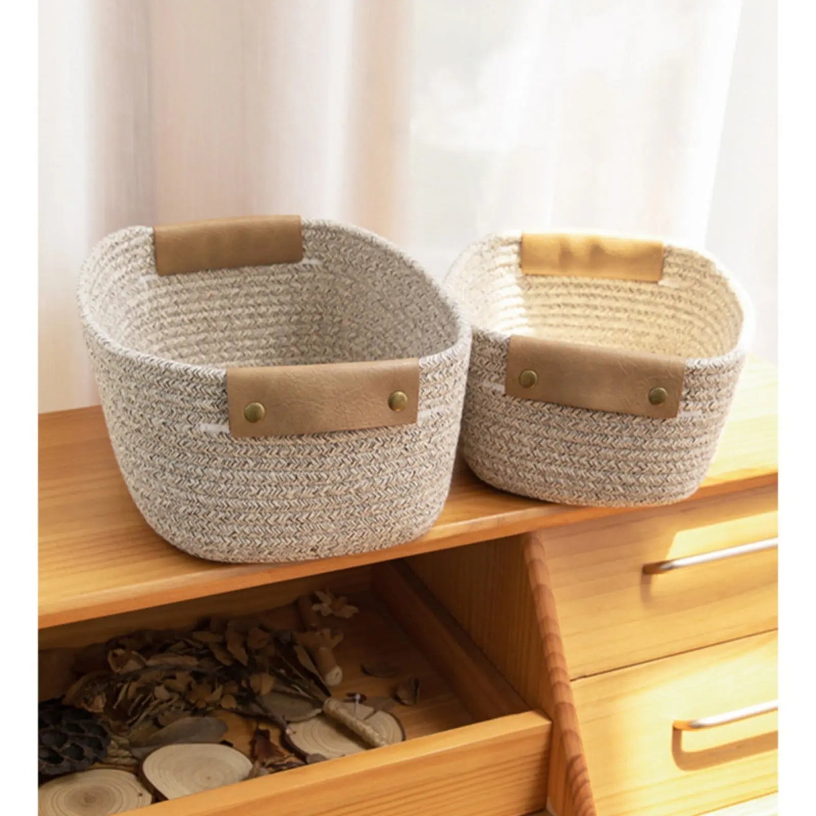 Cotton Woven Basket with PU Leather Handle, Clothes Toys Candy Gifts Cotton Rope Organizer, Living Room Basket Bathroom Shower Storage Laundry Basket, Dog Cat Bed, Fall Basket, 11.02x8.66x4.33 12.59" x 9.44" x 5.11" Coffee Wholesale Hub