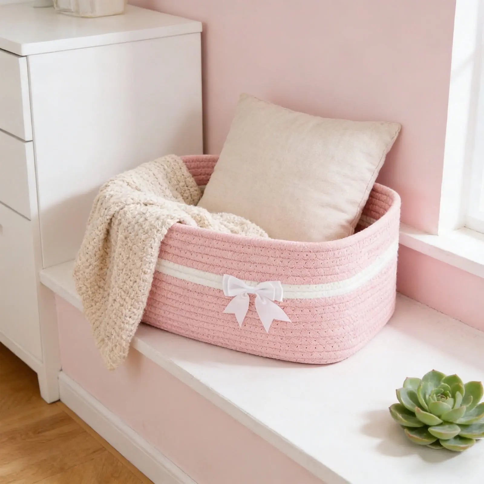 Large Woven Storage Basket, Holiday Gift Storage Basket with Handles for Living Room Shelves, Bow Basket for Empty with Gift Bags and Ribbons for Pet Toy Bin, Packaging Woven Storage Bin Pink Wholesale Hub