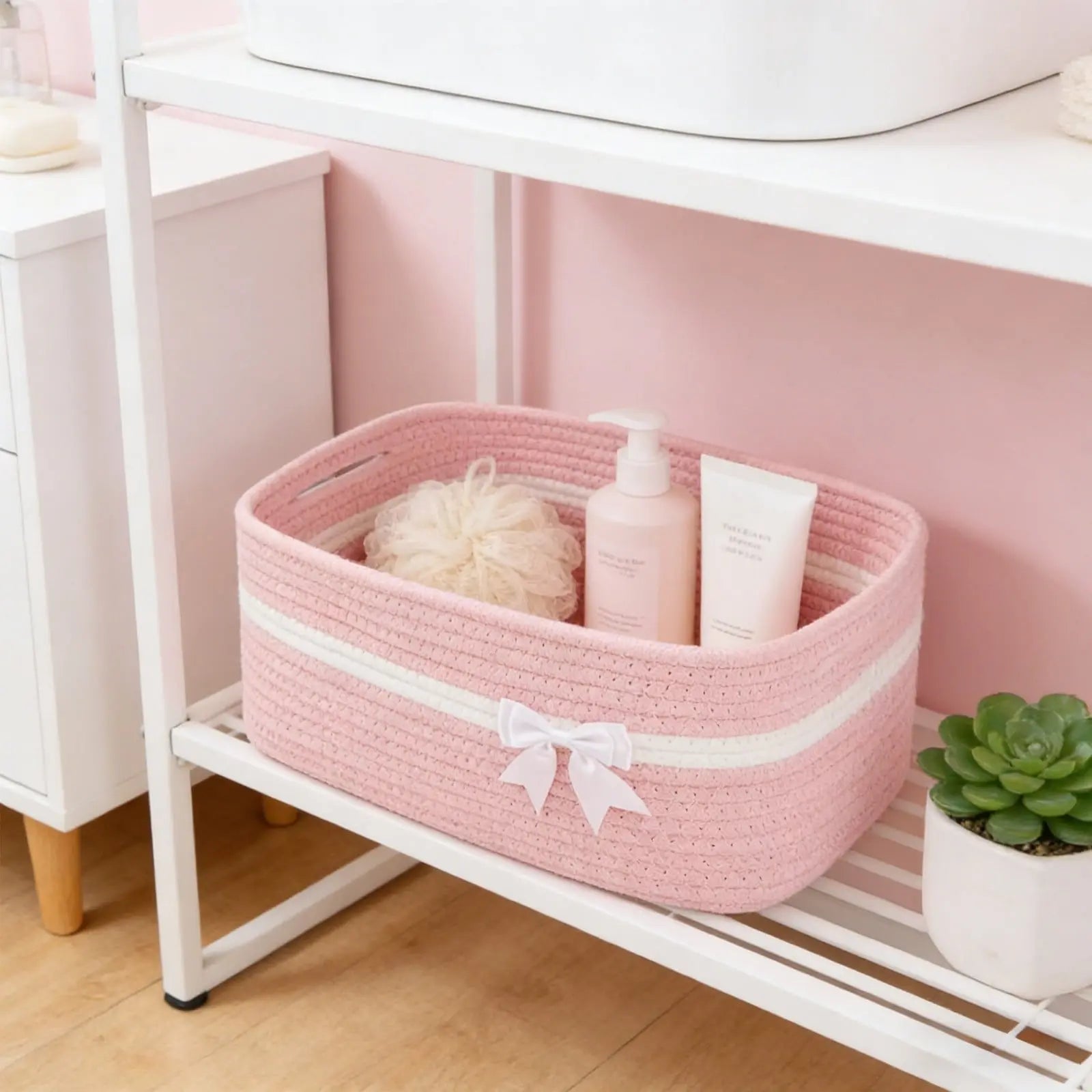 Large Woven Storage Basket, Holiday Gift Storage Basket with Handles for Living Room Shelves, Bow Basket for Empty with Gift Bags and Ribbons for Pet Toy Bin, Packaging Woven Storage Bin Pink Wholesale Hub