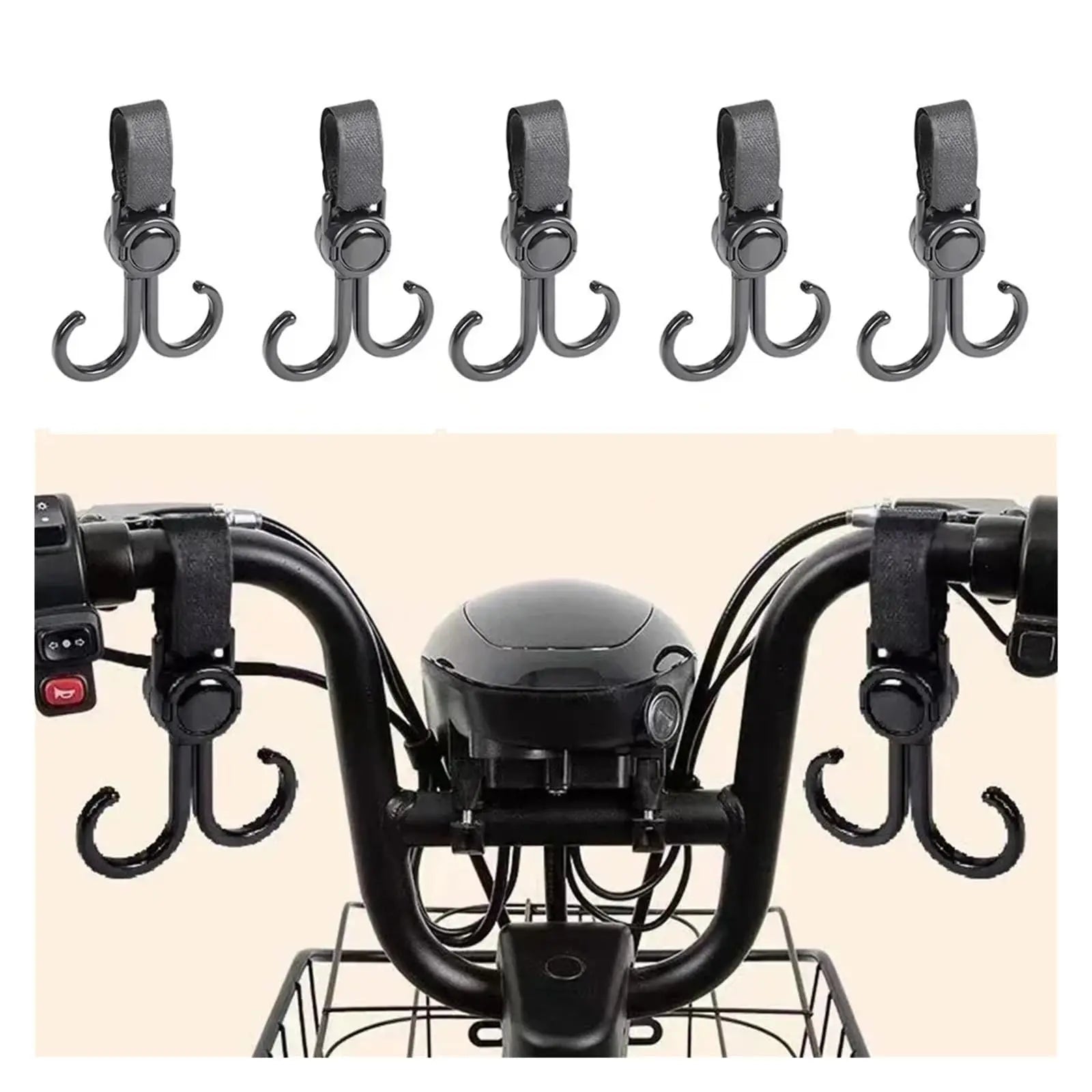 Stroller Hooks - Buggy Hooks - Bag Hooks - Diaper Bag Hooks - Walker Hooks - Stroller Accessories - Mounting Clips - Shopping Hook - Universal Velcro - 360 Degree Rotatable - Black - 4 Pieces Wholesale Hub