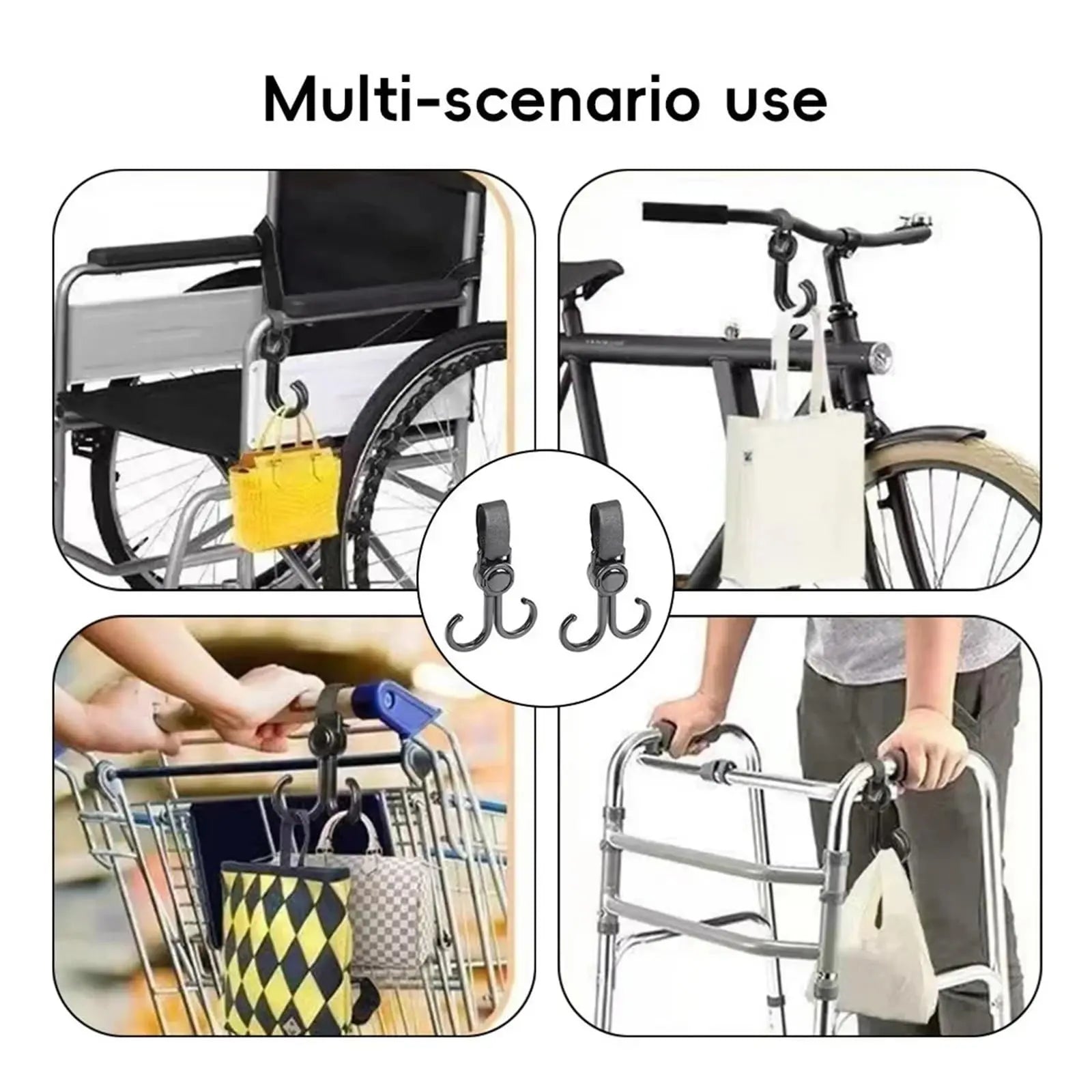 Stroller Hooks - Buggy Hooks - Bag Hooks - Diaper Bag Hooks - Walker Hooks - Stroller Accessories - Mounting Clips - Shopping Hook - Universal Velcro - 360 Degree Rotatable - Black - 4 Pieces Wholesale Hub