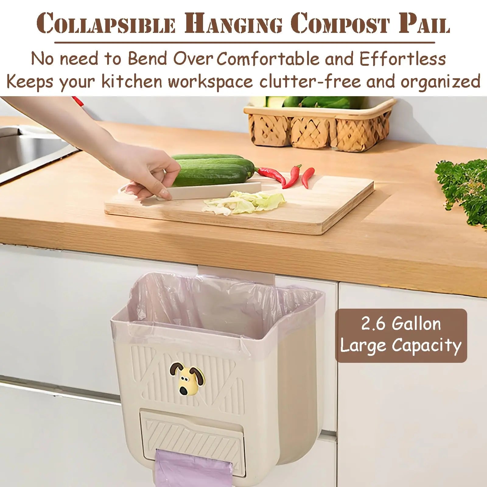 Hanging Waste Bin - Foldable Waste Bin - Kitchen Accessories - Organic Waste Bin - Countertop Waste Bin - Cabinet Door Waste Bin - Waste Separation - Camping - Caravan - Kitchen Aid - Space Saving - Trash Can - Waste Basket - Beige - 10L - 1 Piece Wholesale Hub