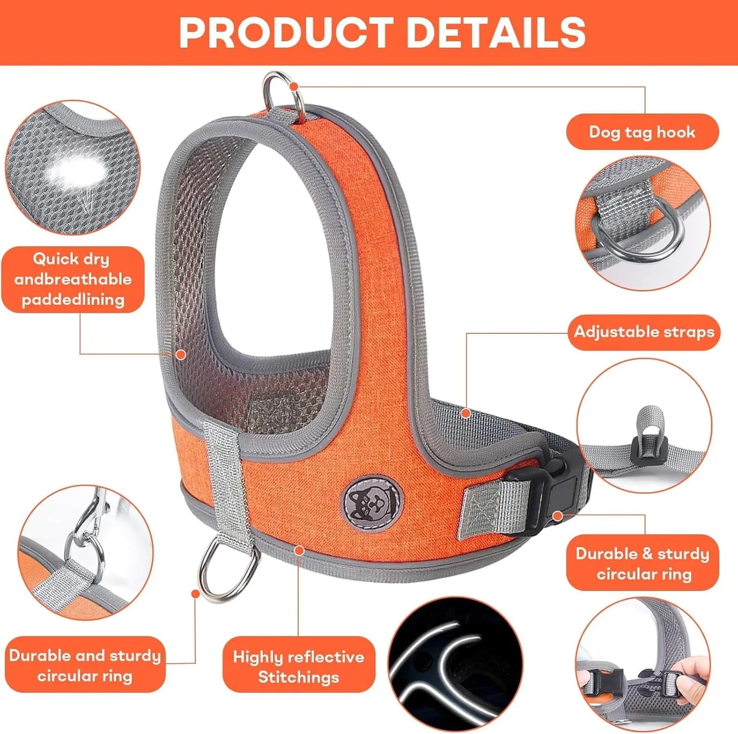 Dog Harness and Leash, No Pull Saddle Style Pet Harness, Breathable Mesh Adjustable Reflective Dog Vest, Dog Leash, for Dogs and Cat Medium Small Harness Orange,XS Wholesale Hub