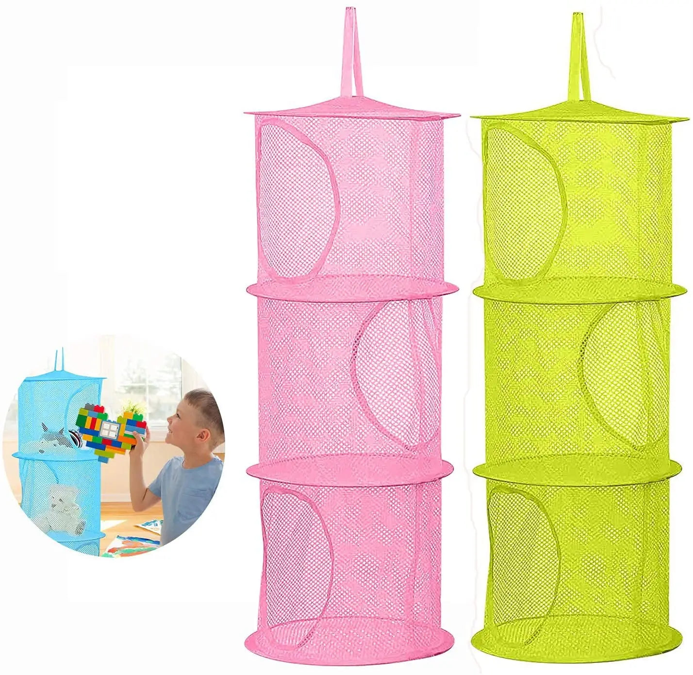 2 Pcs Hanging Mesh Stuffed Animal Storage Hammock Net, Foldable Toy Storage Organizer 3 Compartments Net for Stuffed Animals Corner for Boys, Girls, Gloves, Hats, Socks Pink-green Wholesale Hub
