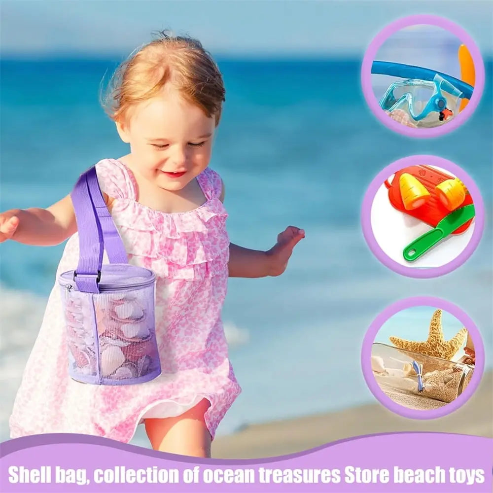 Tutuviw 4Pcs Large Capacity Collecting Bag Cylindrical Mesh Beach Bag Beach Mesh Bag Toys Seashell Backpack with Adjustable Carrying Straps And Zipper for Toys Storage, Random Color Wholesale Hub