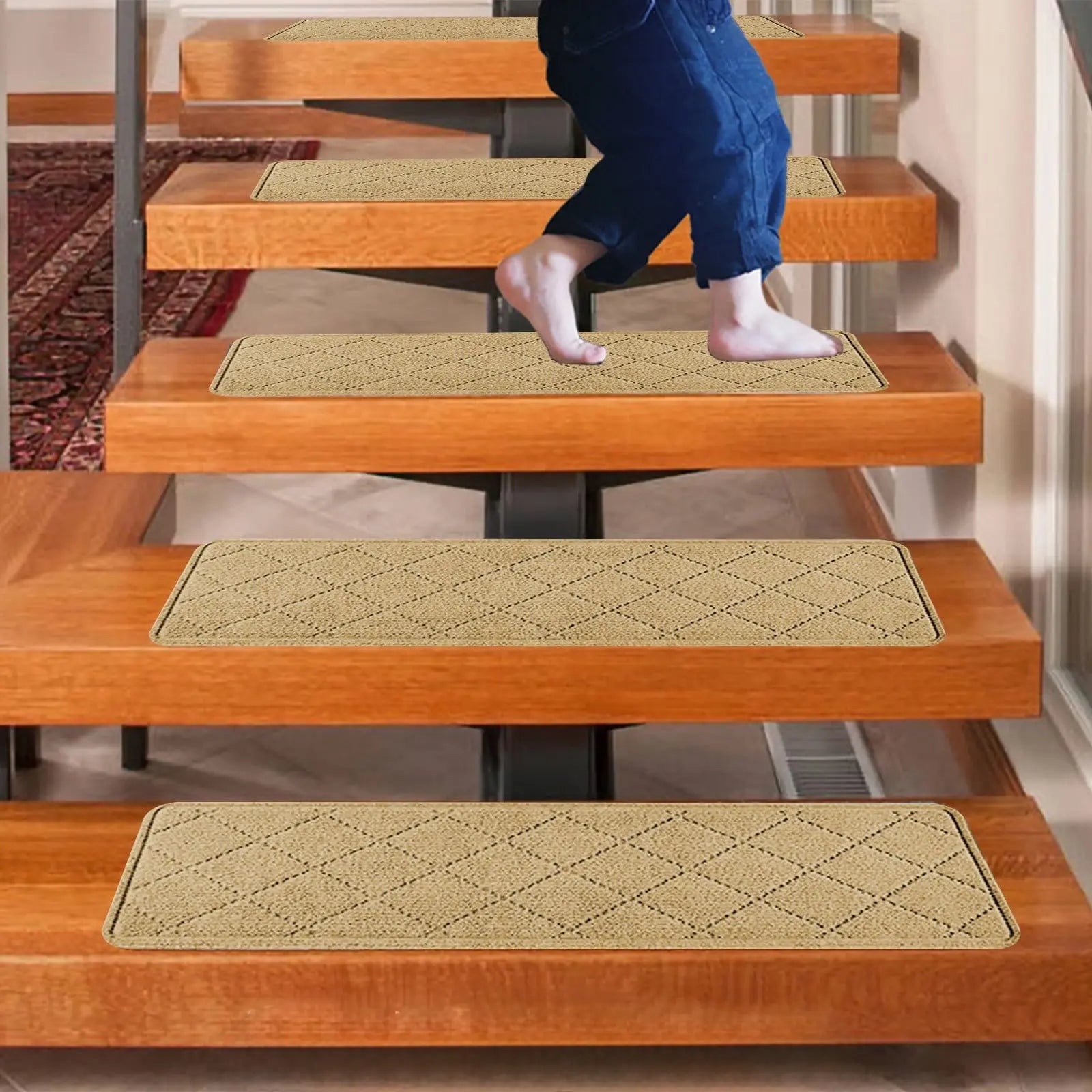 Chmadoxn 4-Piece Non-Slip Stair Treads, Self-Adhesive Striped Carpet Mats, Absorbent & Quiet Step Pads, Can Be Cut to Fit, Washable for Indoor Staircase Safety\u200b\u200b Beige Wholesale Hub
