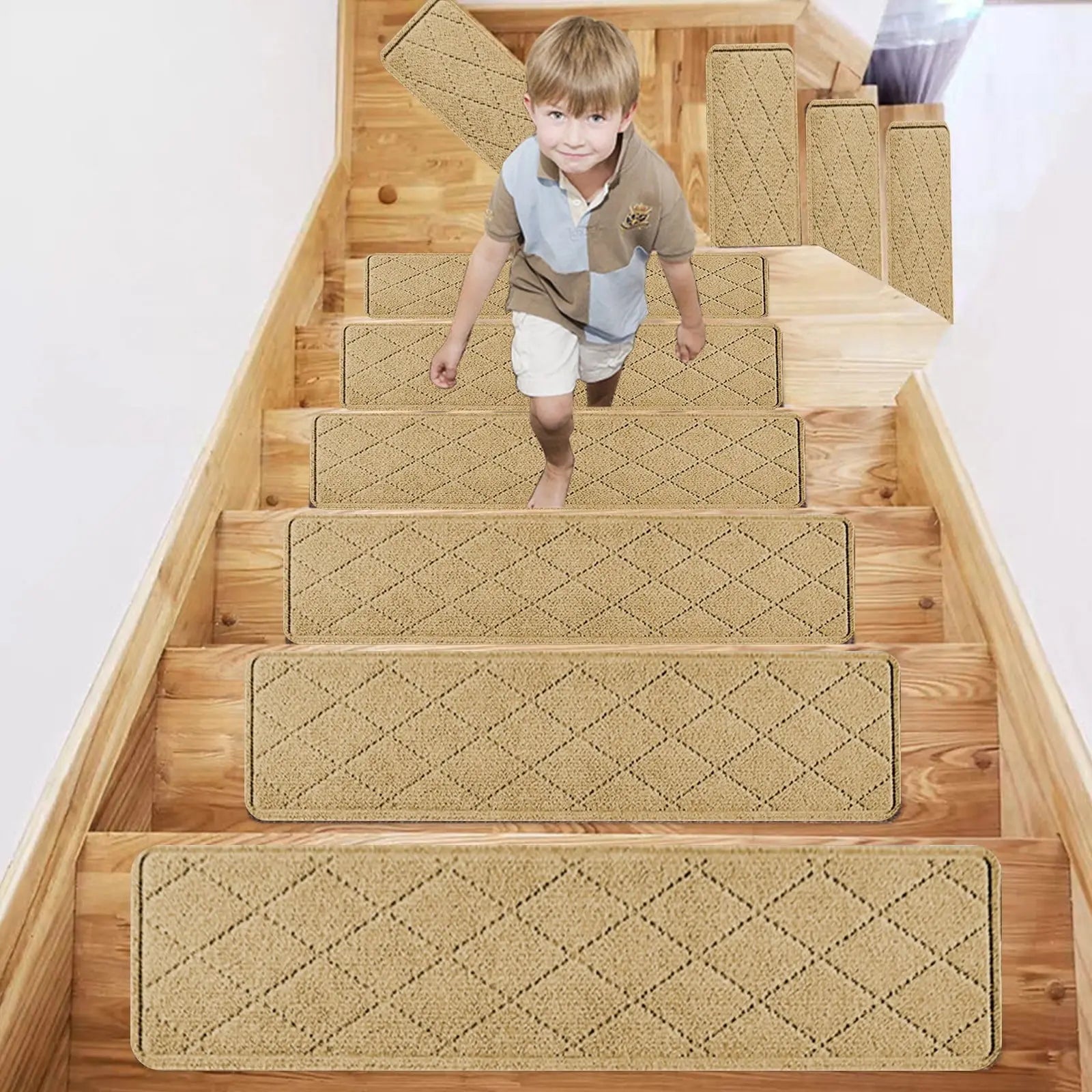 Chmadoxn 4-Piece Non-Slip Stair Treads, Self-Adhesive Striped Carpet Mats, Absorbent & Quiet Step Pads, Can Be Cut to Fit, Washable for Indoor Staircase Safety\u200b\u200b Beige Wholesale Hub