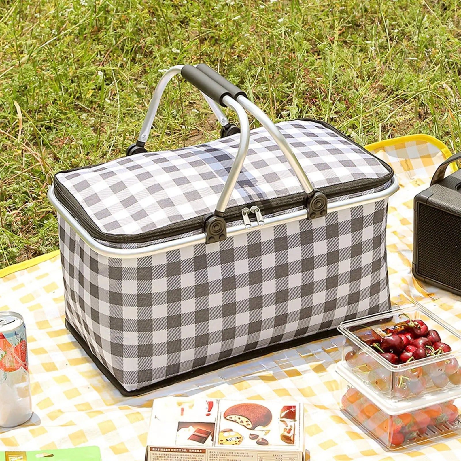 Kdkad Picnic Basket, Collapsible Shopping Basket with Lid Large Market Basket with Handles Reusable Folding Grocery Basket Insulated Cooler Bag for Picnic Travel 47x27x22cm/18.5x10.62x8.66in Black Wholesale Hub