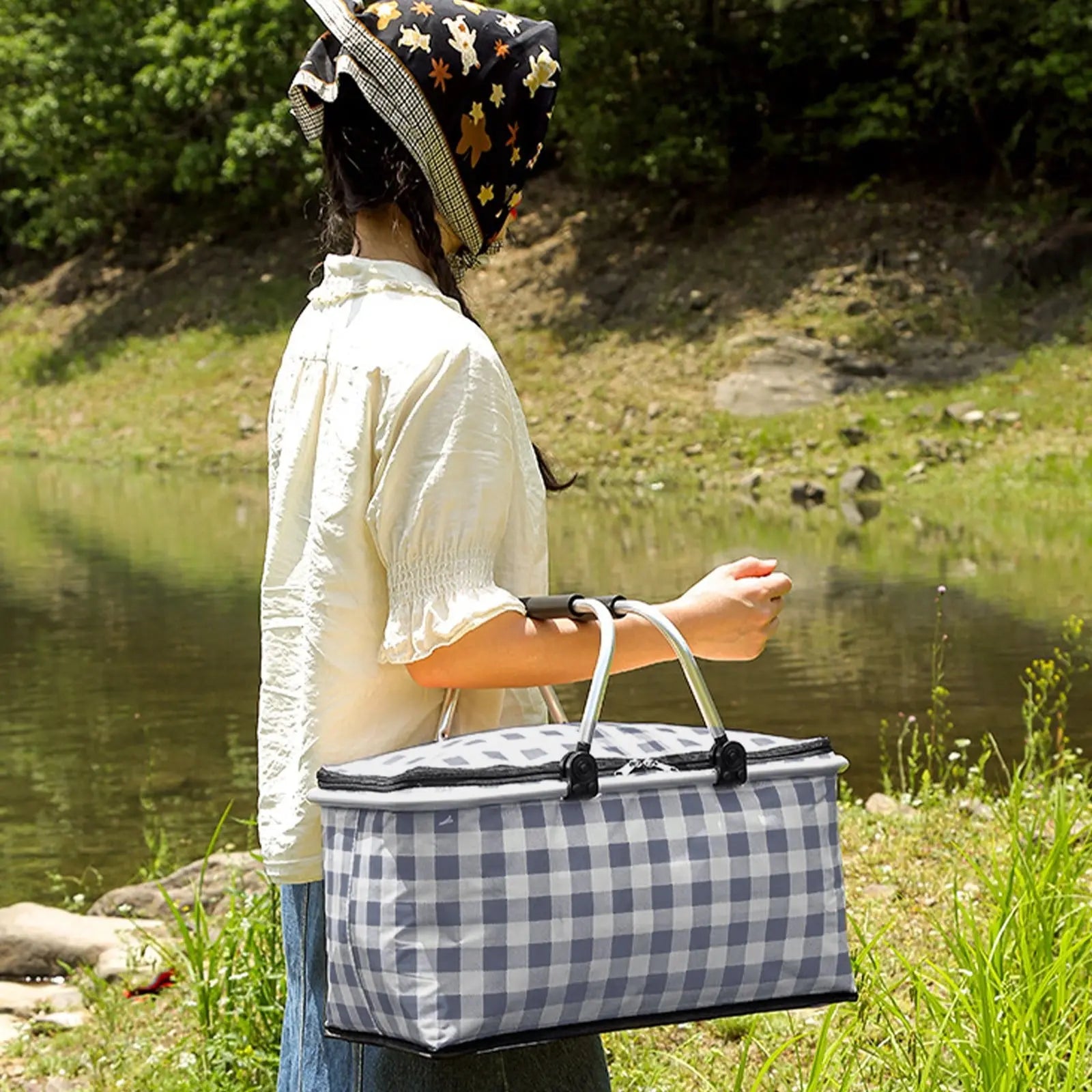 Kdkad Picnic Basket, Collapsible Shopping Basket with Lid Large Market Basket with Handles Reusable Folding Grocery Basket Insulated Cooler Bag for Picnic Travel 47x27x22cm/18.5x10.62x8.66in Black Wholesale Hub