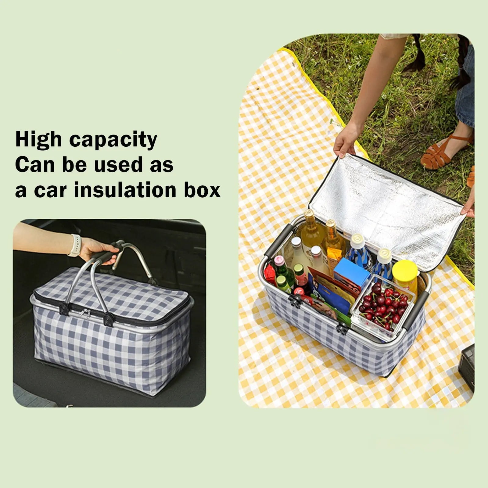 Kdkad Picnic Basket, Collapsible Shopping Basket with Lid Large Market Basket with Handles Reusable Folding Grocery Basket Insulated Cooler Bag for Picnic Travel 47x27x22cm/18.5x10.62x8.66in Black Wholesale Hub