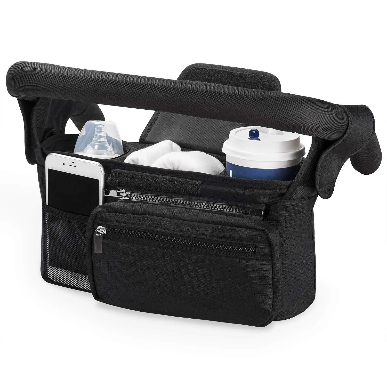 Universal Stroller Organizer with Insulated Cup Holder, Detachable Phone Bag, Shoulder Strap – Fits All Stroller Types, Keeps Drinks Hot/Cold (Black) Wholesale Hub