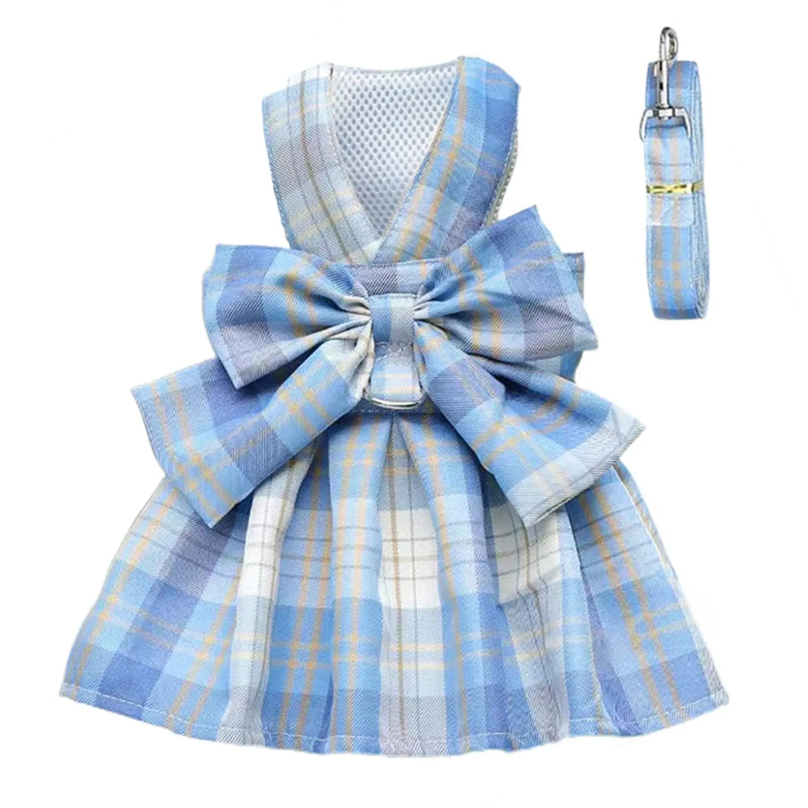 Dog Harness and Leash Set, Cute Bow Tie Plaid Harnesses for Puppy Cat, Adjustable Pet Kitties Vest, Breathable Harness Traction Rope for Boy Girl Small Animal(Skirt Sky Blue,M for 5.5-8.8lbs Dog) Wholesale Hub