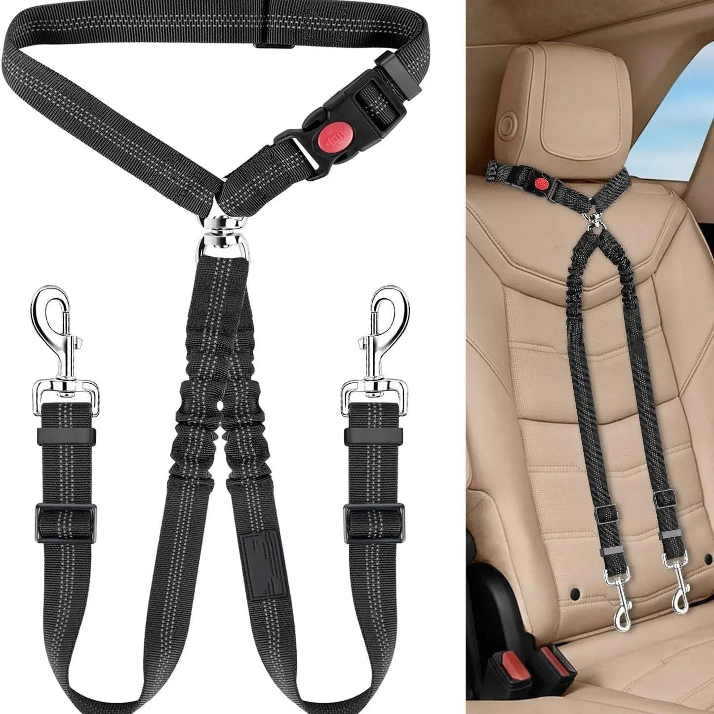 2pcs Double Dog Seat Belt, New Dual Pet Car Headrest Restraint Safety Seatbelt No Tangle Dog Leash Duty Adjust Elastic Bungee Puppy Lead Splitter Connect Harness in Vehicle Travel for 2 Dogs Wholesale Hub