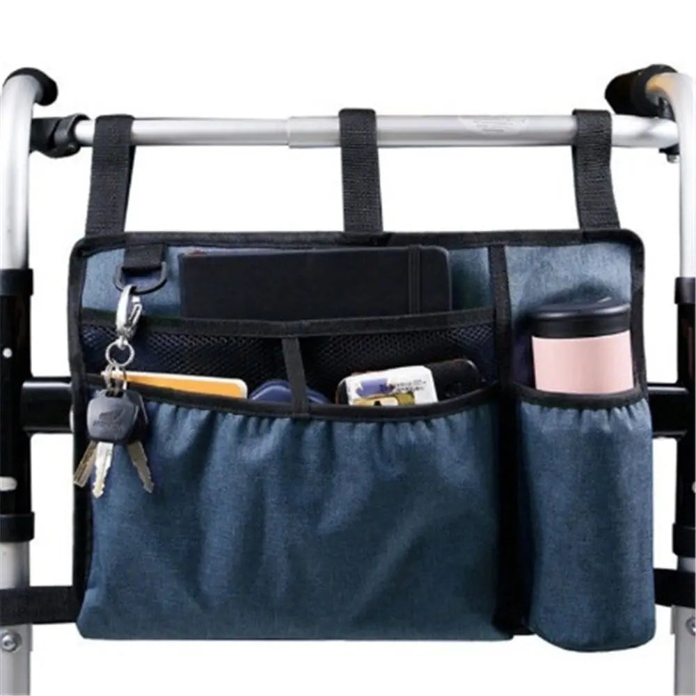 Bag Basket with Cup Holder Suit for Adult Folding Walkers Rollator Organizer Carry Storage Pouch Water-Resistant Armrest Accessories for Seniors, Elderly, Handicap, Blue Wholesale Hub