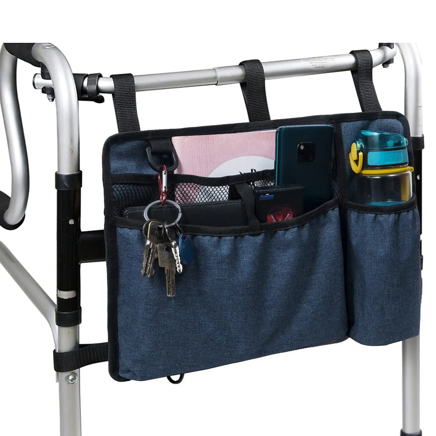Bag Basket with Cup Holder Suit for Adult Folding Walkers Rollator Organizer Carry Storage Pouch Water-Resistant Armrest Accessories for Seniors, Elderly, Handicap, Blue Wholesale Hub