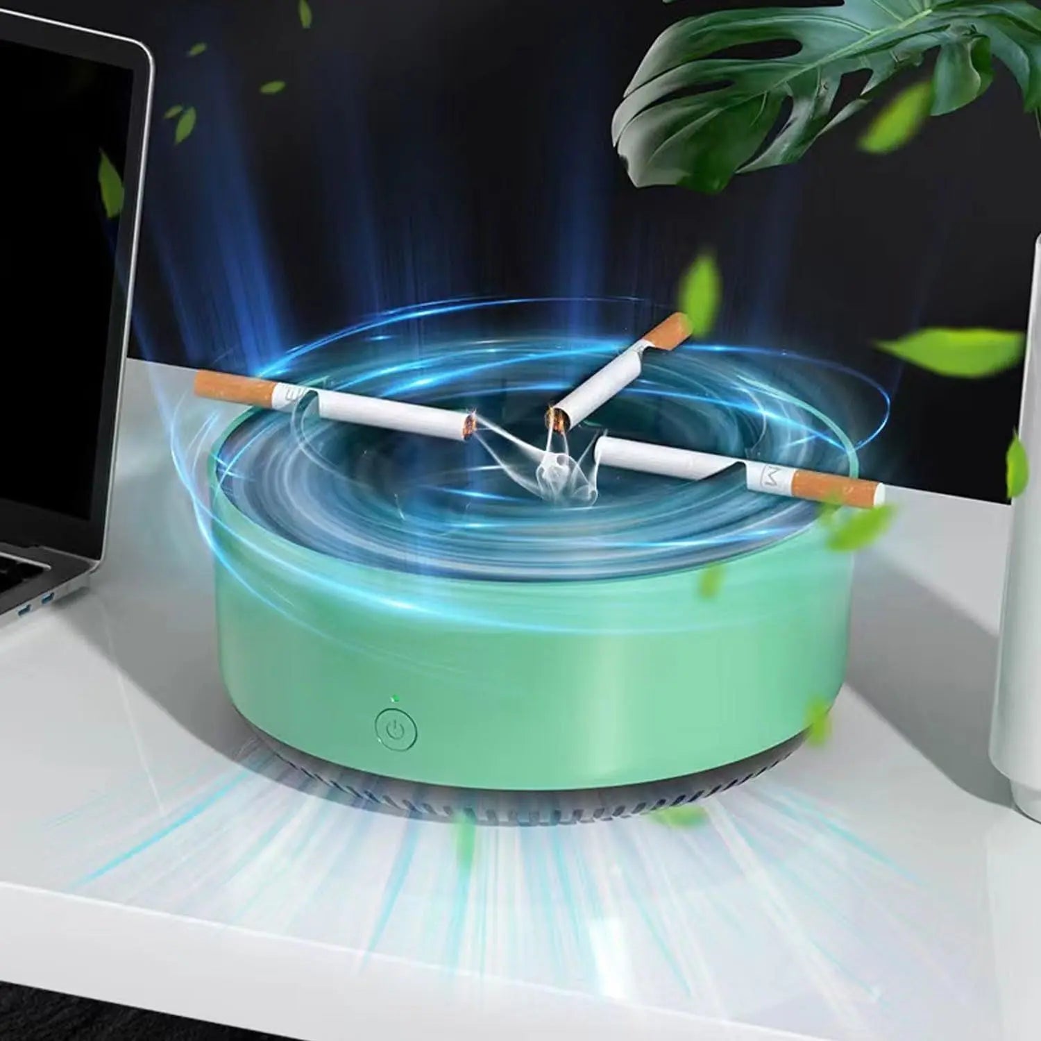 2 in 1 Multifunctional indoor smokeless ashtray, 360 °surround suction intelligent air purifier ashtray, indoor household car intelligent ashtray (Green)2pcs Wholesale Hub