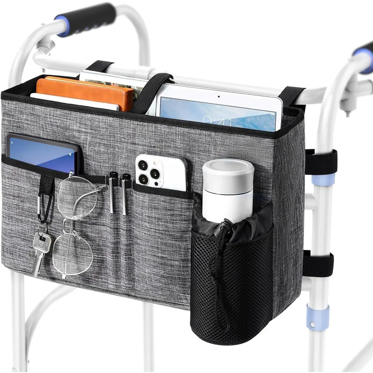 Multi Pockets Folding Walker Basket Tote Bag with Cup Holder, Hand-free Carry Pouch Storage Bag for Universal Walkers, Large Capacity Organizer for Seniors Elderly, Gray Wholesale Hub