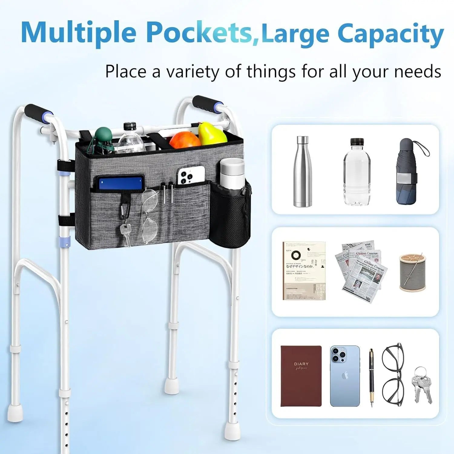 Multi Pockets Folding Walker Basket Tote Bag with Cup Holder, Hand-free Carry Pouch Storage Bag for Universal Walkers, Large Capacity Organizer for Seniors Elderly, Gray Wholesale Hub
