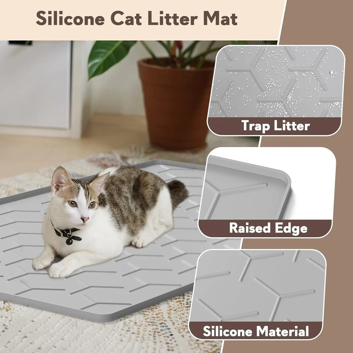 Cat Litter Box Mat, Large 34" X 22" Litter Trapping Mat for Cats, Waterproof Silicone Pad for Floor, Gray Wholesale Hub