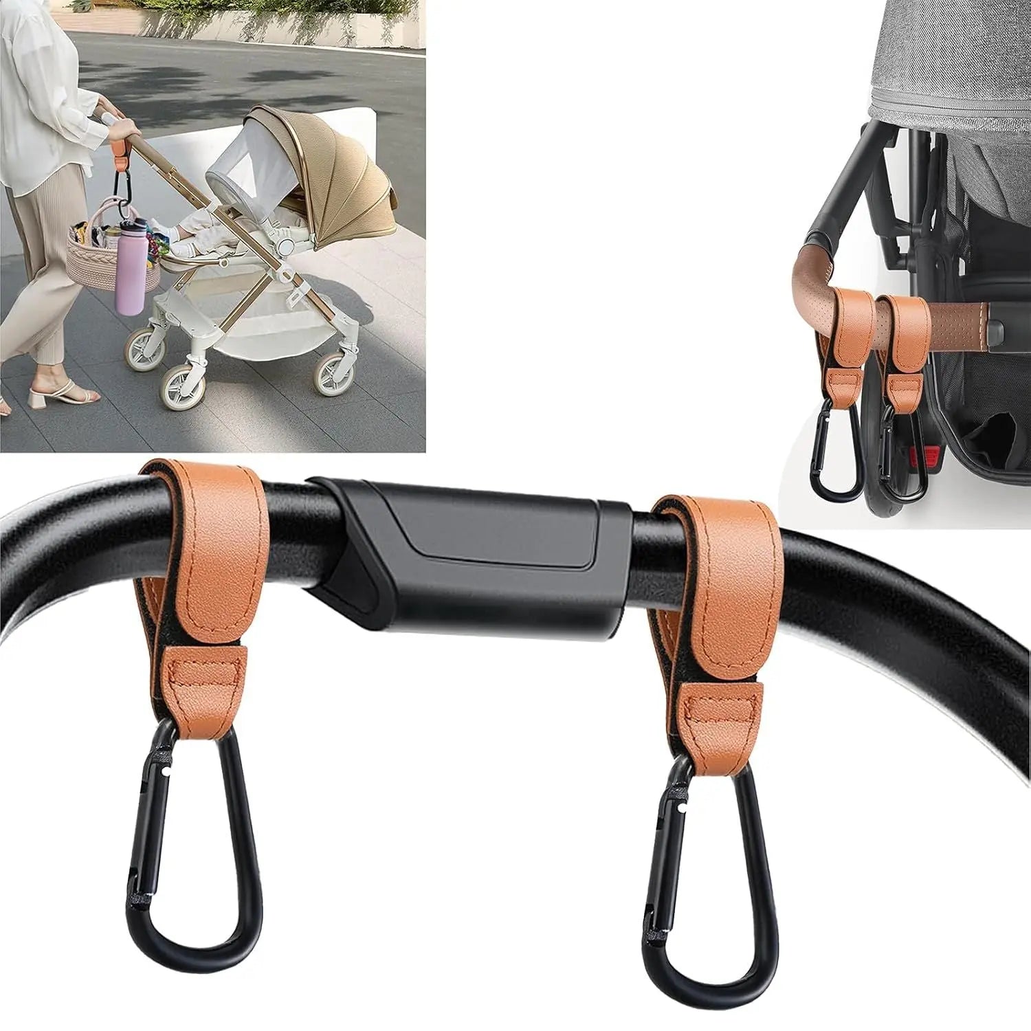 Baby Stroller Hooks Bag Hooks for Hanging Diaper Bags Multipurpose Hooks for Grocery Shopping Bags Premium Vegan Leather Pram Straps 4 Pcs (Brown) Wholesale Hub