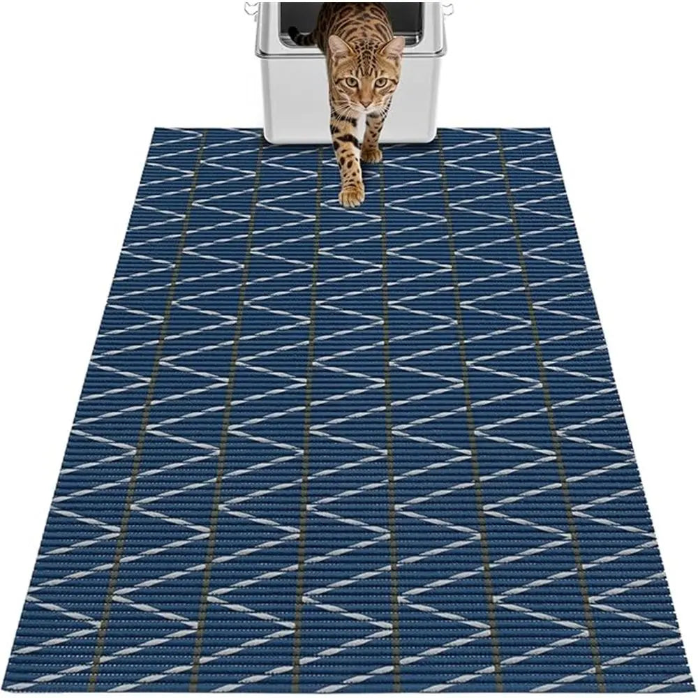 Cat Litter Mat, 103CM*64CM Trimable & Soft Foam Pad, Leak-Proof & Non-Slip Bottom, Reusable (Blue background with white stripes) Wholesale Hub