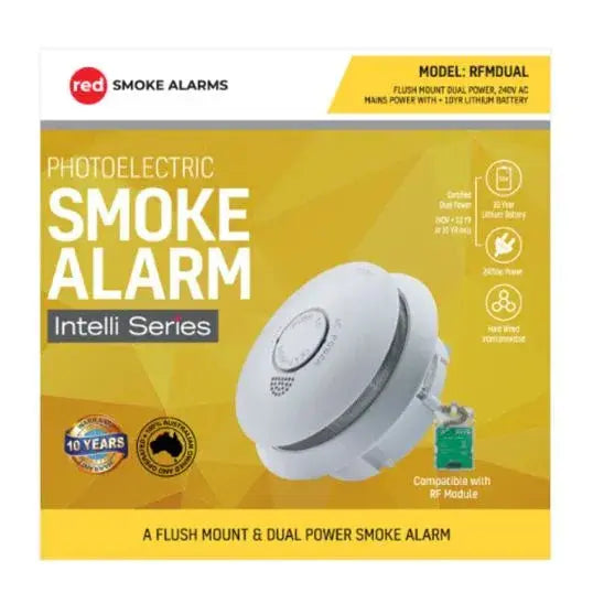 Red Smoke Alarms Photoelectric Smoke Alarm Flush Mount Dual Power 230/3V 10 Year Lithium Battery | RFMDUAL Wholesale Hub