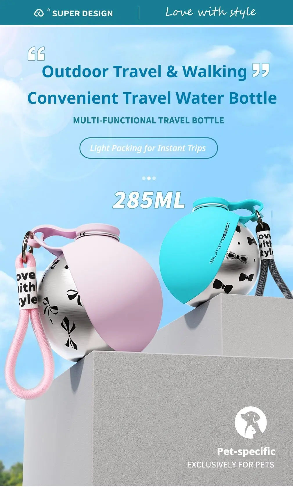 Blue Floral Print Xiaoman Portable Pet Water Bottle Wholesale Hub