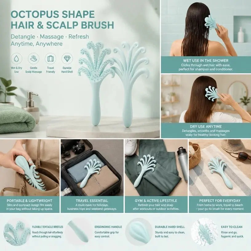 Light Blue Octopus Scalp Massage Brush Gentle Volumising Wet & Dry 1Pcs Wholesale Hub