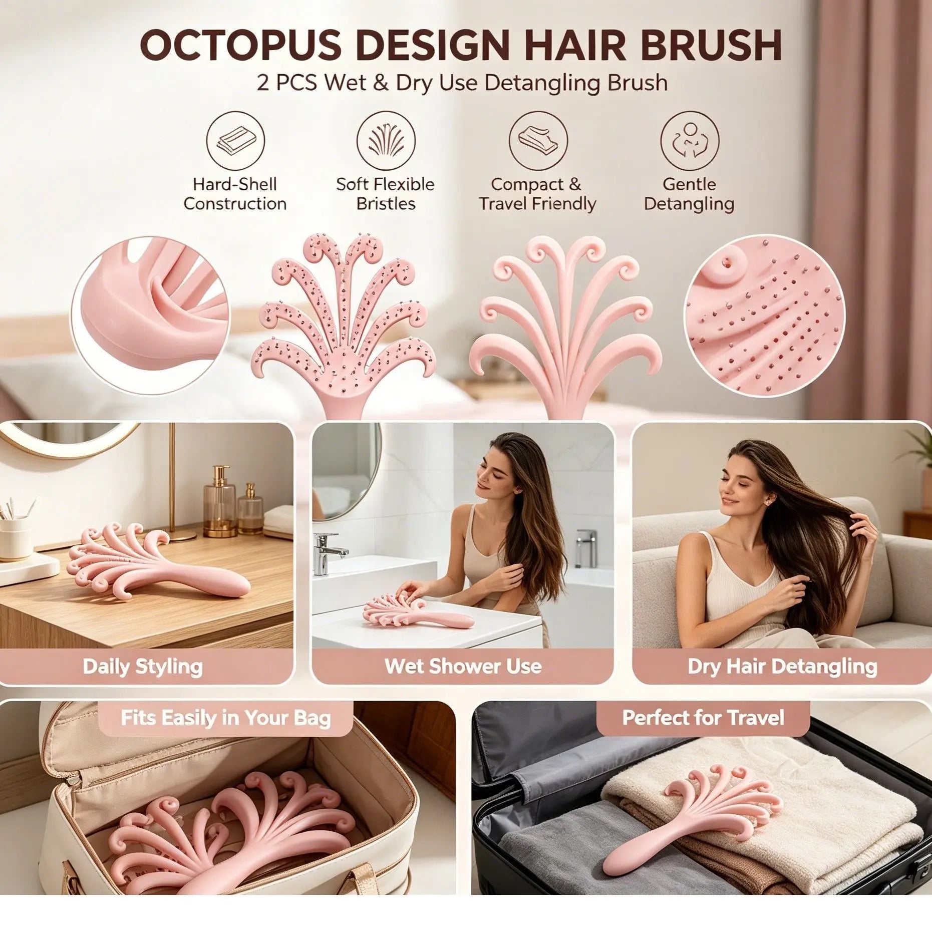 Light Pink Octopus Scalp Massage Brush Gentle Volumising Wet & Dry 2Pcs Wholesale Hub