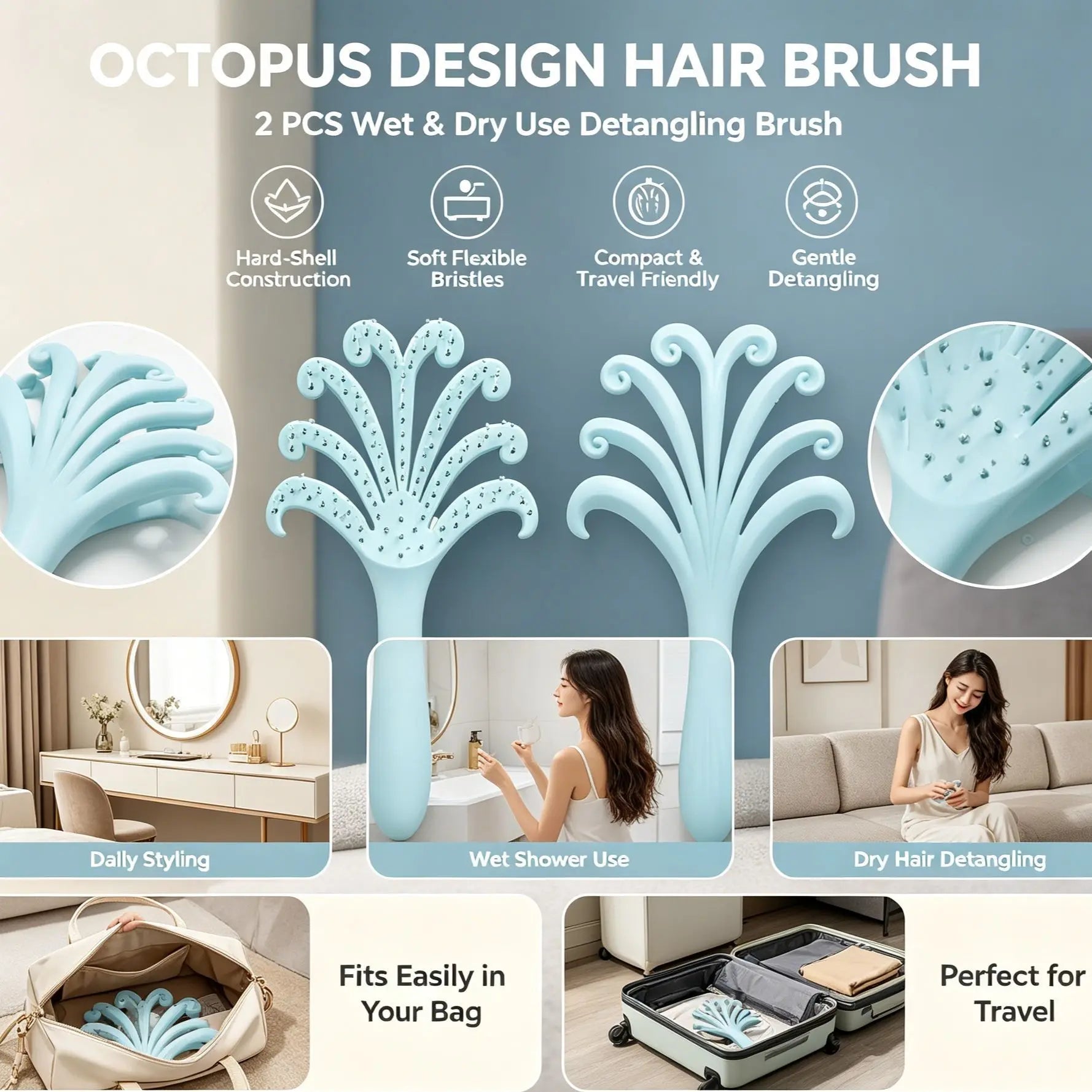 Light Blue Octopus Scalp Massage Brush Gentle Volumising Wet & Dry 2Pcs Wholesale Hub