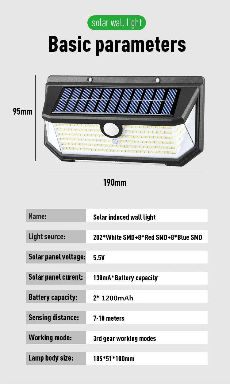 218LED Solar Sensor Wall Light, Smart Light Control, 270° Wide-Angle Illumination, Three Sensing Modes, Energy Saving and Eco-Friendly, No Wiring Installation, Top Choice for Outdoor Security Wholesale Hub